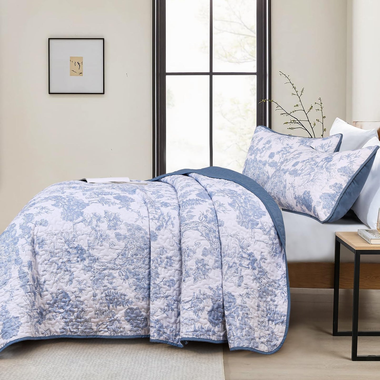 WONGS BEDDING Blue Quilt Set Full Size, 3 Pieces Botanical Bedspreads Set Lightweight Microfiber Blue Plants Pattern Coverlet Home Decor for All Seasons (90"x78")