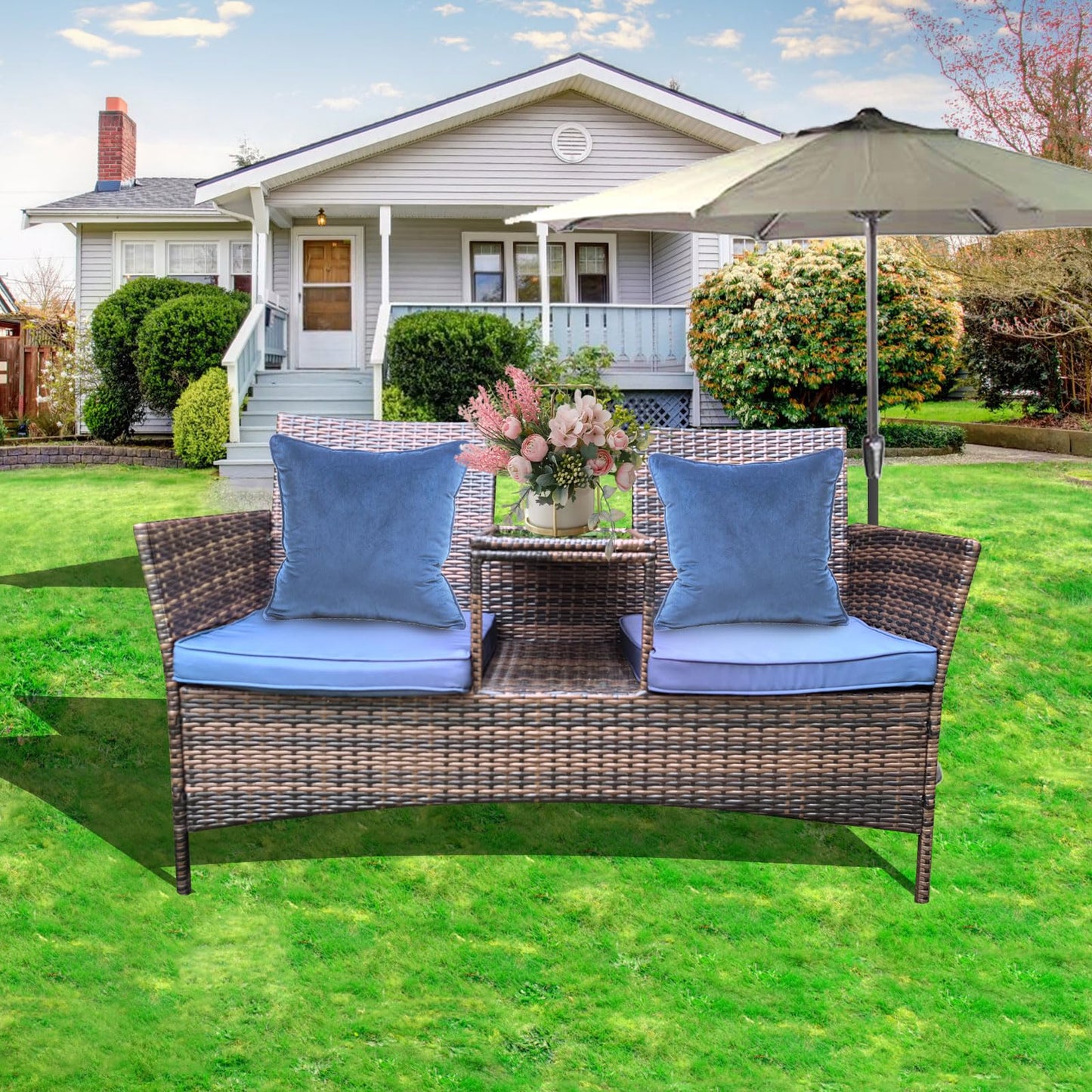 FurnillaScape Wicker Patio Loveseat Balcony Furniture 2-Seat Chair with Coffee Table All Weather Ourdoor Sofa Couch for Backyard, Lawn,Garden,Swimming Pool