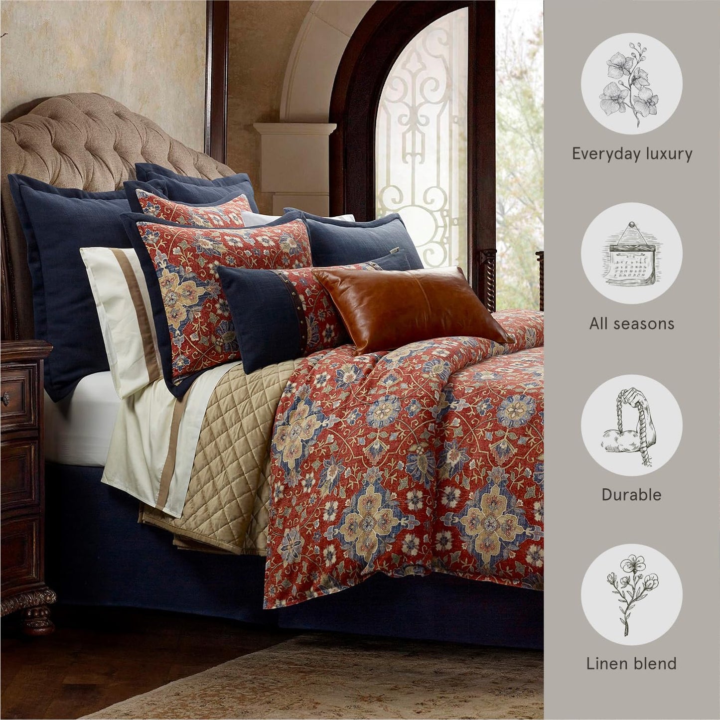 HiEnd Accents Washed Linen Melinda 3 Piece Comforter Set with Pillow Shams, Floral Medallion, Super Queen Size, Rustic Traditional Western Style Luxury Bedding Set, 1 Comforter and 2 Pillowcases