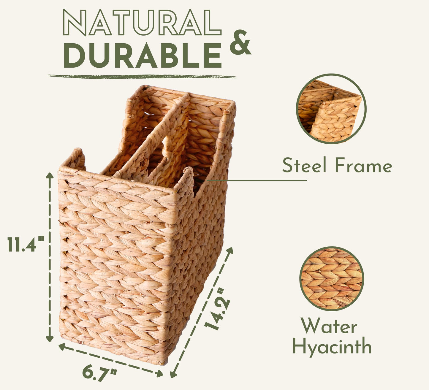 Chi An Home Wicker Magazine Basket, Water Hyacinth Organizer for Files, Books & Newspapers, Divided Rattan Basket with Handle, Skinny Storage for Dorm, Office, Living Room Essentials