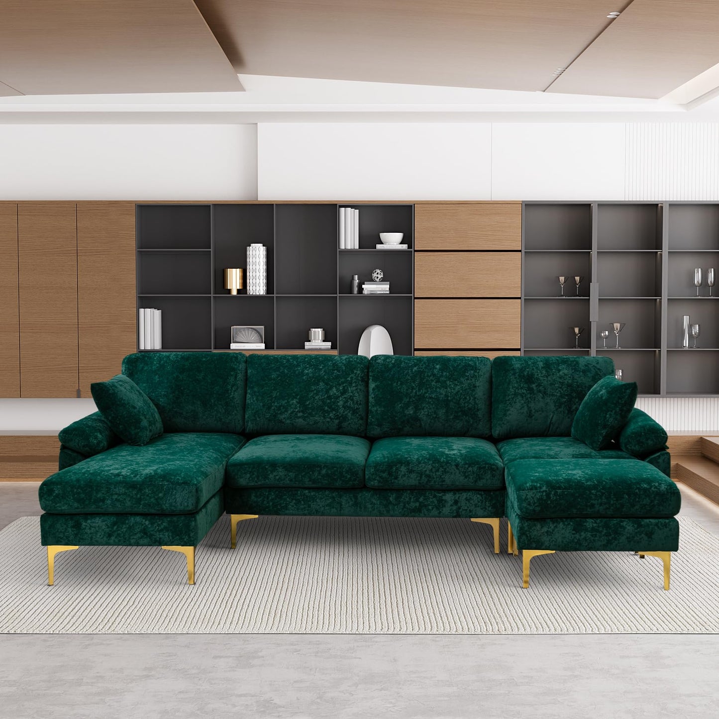 OUYESSIR U-Shaped Sectional Sofa Couch, 4 Seat Sofa Set for Living Room, Convertible L-Shaped Velvet Couch Set with Reversible Chaise Lounge, Ottoman and Pillows,114 inches (Emerald Green)