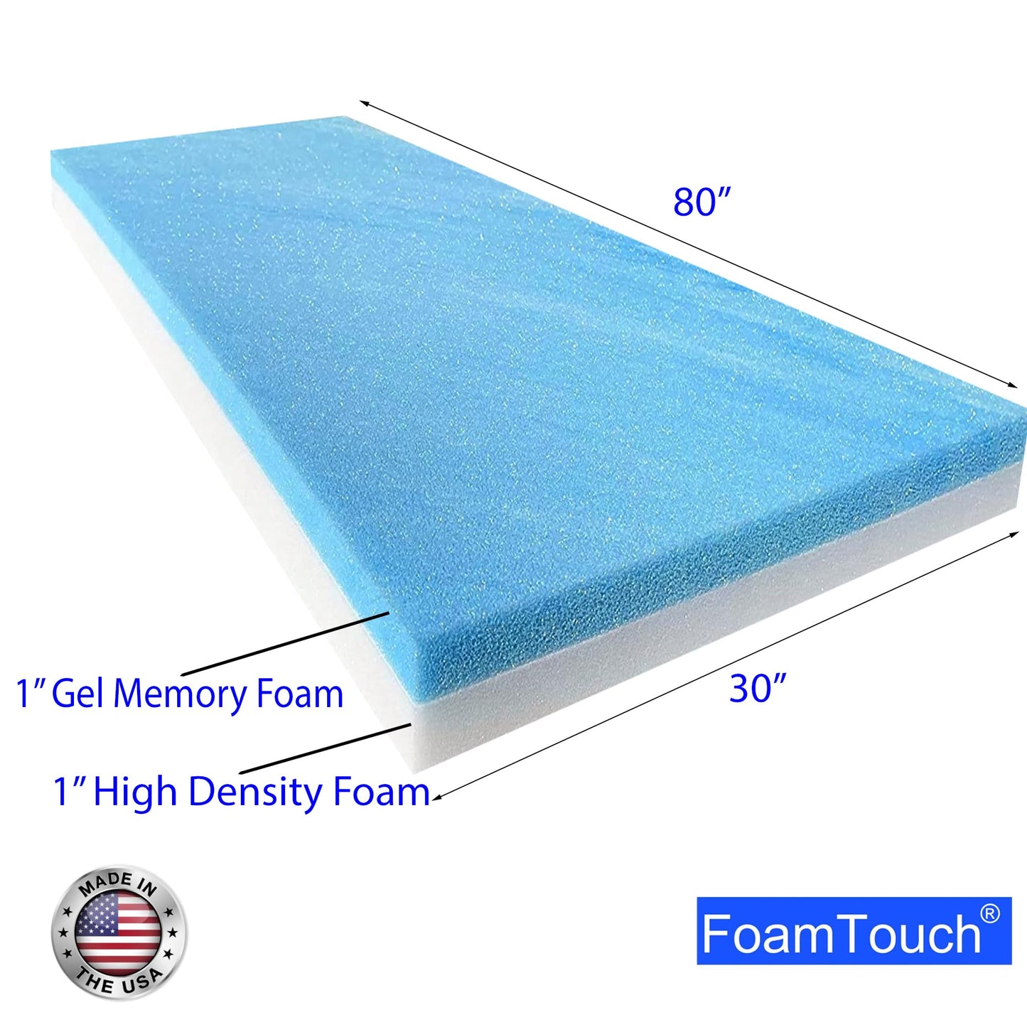 FoamTouch 2" Height x 30" Width x 80" Length Camper/RV bunk Mattress with Gel Memory Foam -No Cover