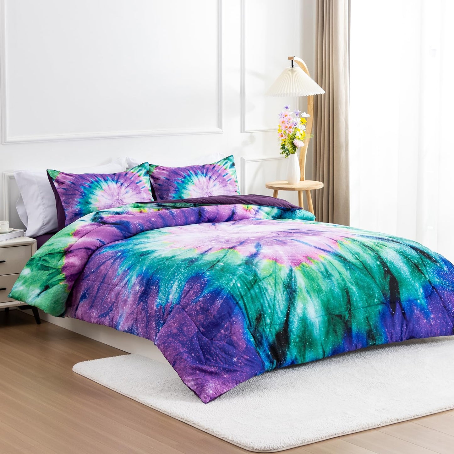 A Nice Night Bedding Tie Dye Galaxy Comforter Set, Psychedelic Swirl Pattern Colorful Boho, for Boys Girls Bedding Sets Purple, Twin