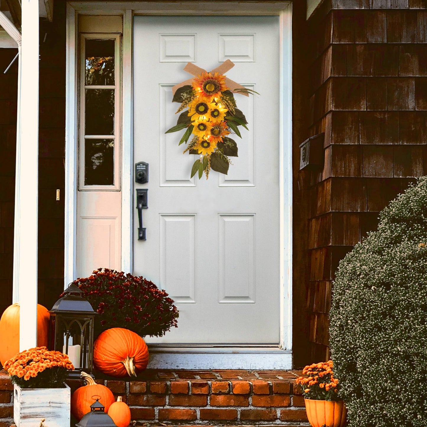 24" Pre-lit Decorative Teardrop Swag, Battery Operated Autumn Theme Swag with Fairy Lights, Sunflower, Flaxen Bow, Berries, Eucalyptus Leaves (Sunflower)