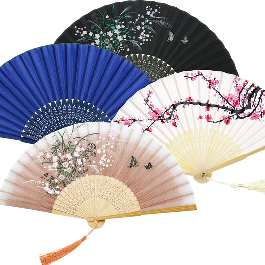 Zonon 4 Pack Handheld Floral Folding Fans Hand Held Fans Silk Bamboo Fans with Tassel Women Hollowed Hand Foldable Fan with Fabric Sleeve for Dancing Wedding Decoration Gifts(Vintage)