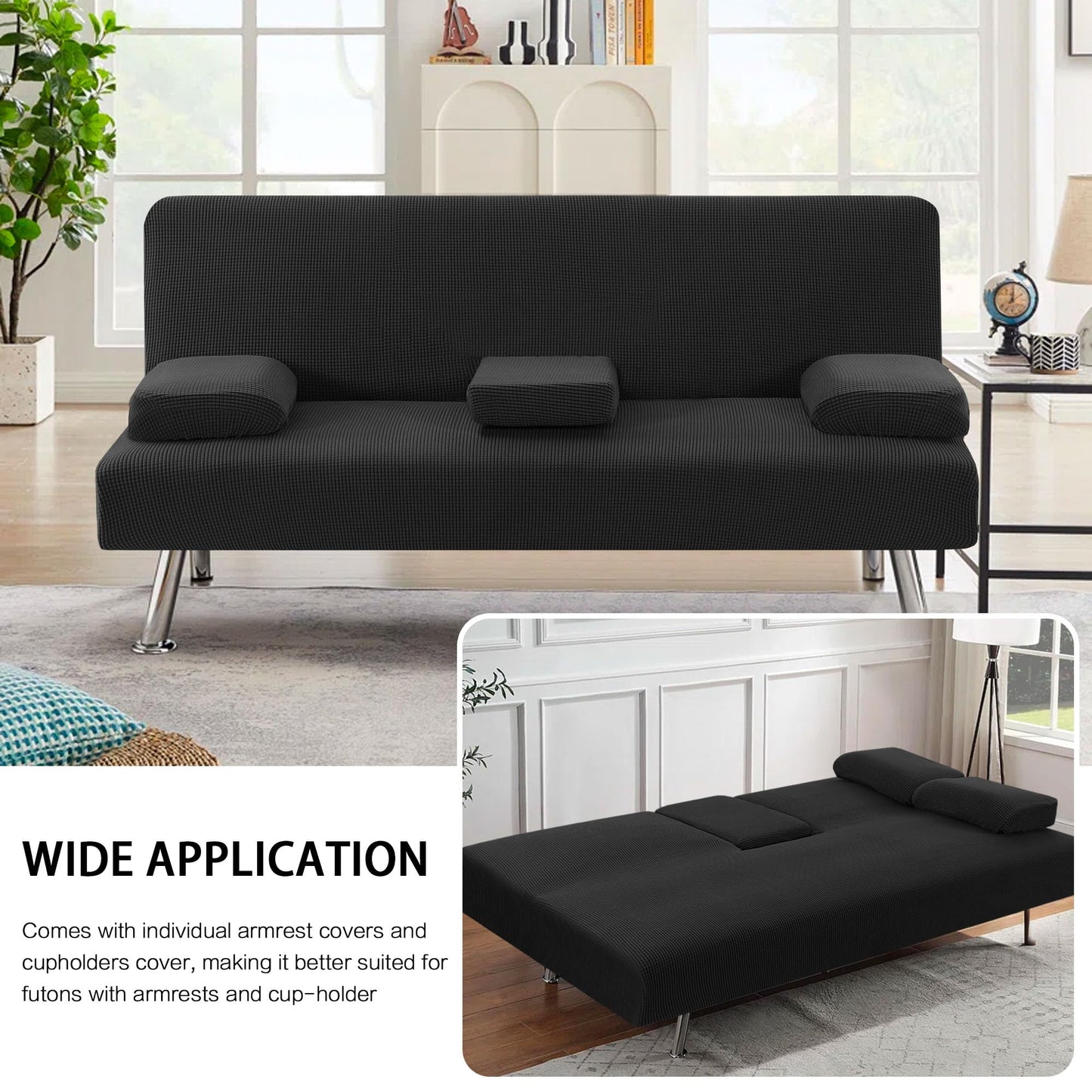 H.VERSAILTEX 4 Pieces Stretch Futon Covers Sofa Bed Slipcover with Removable Armrests and Cupholders Covers Furniture Protector High Spandex Small Checks Jacquard Fabric, Black