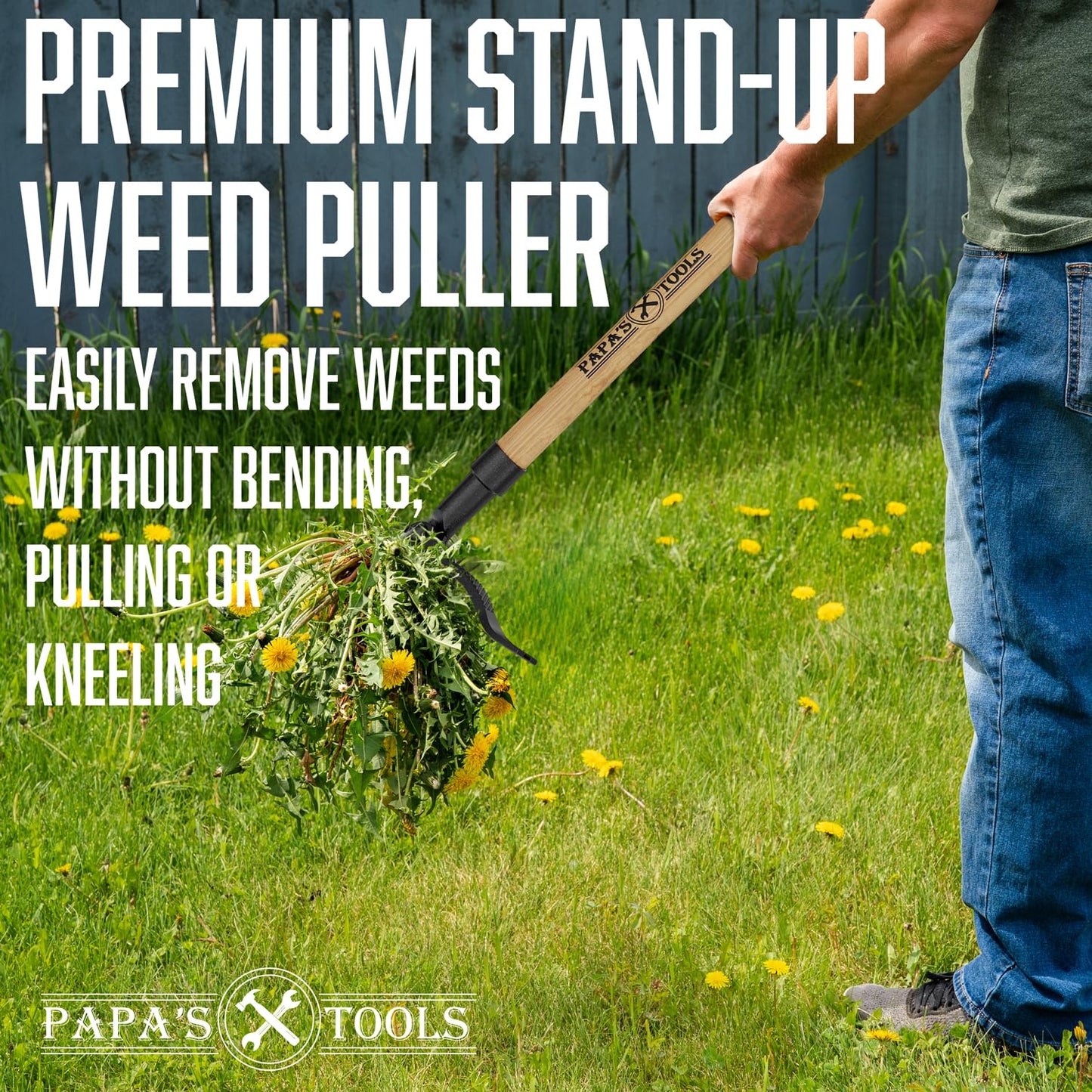 Papa's Tools Weeder - Stand Up Weed Puller Tool Made with Long Wooden Handle - Real Bamboo & 4-Claw Steel Head - Easily Remove Weeds Effortlessly Without The Need to Tug, Bend, Or Flex,