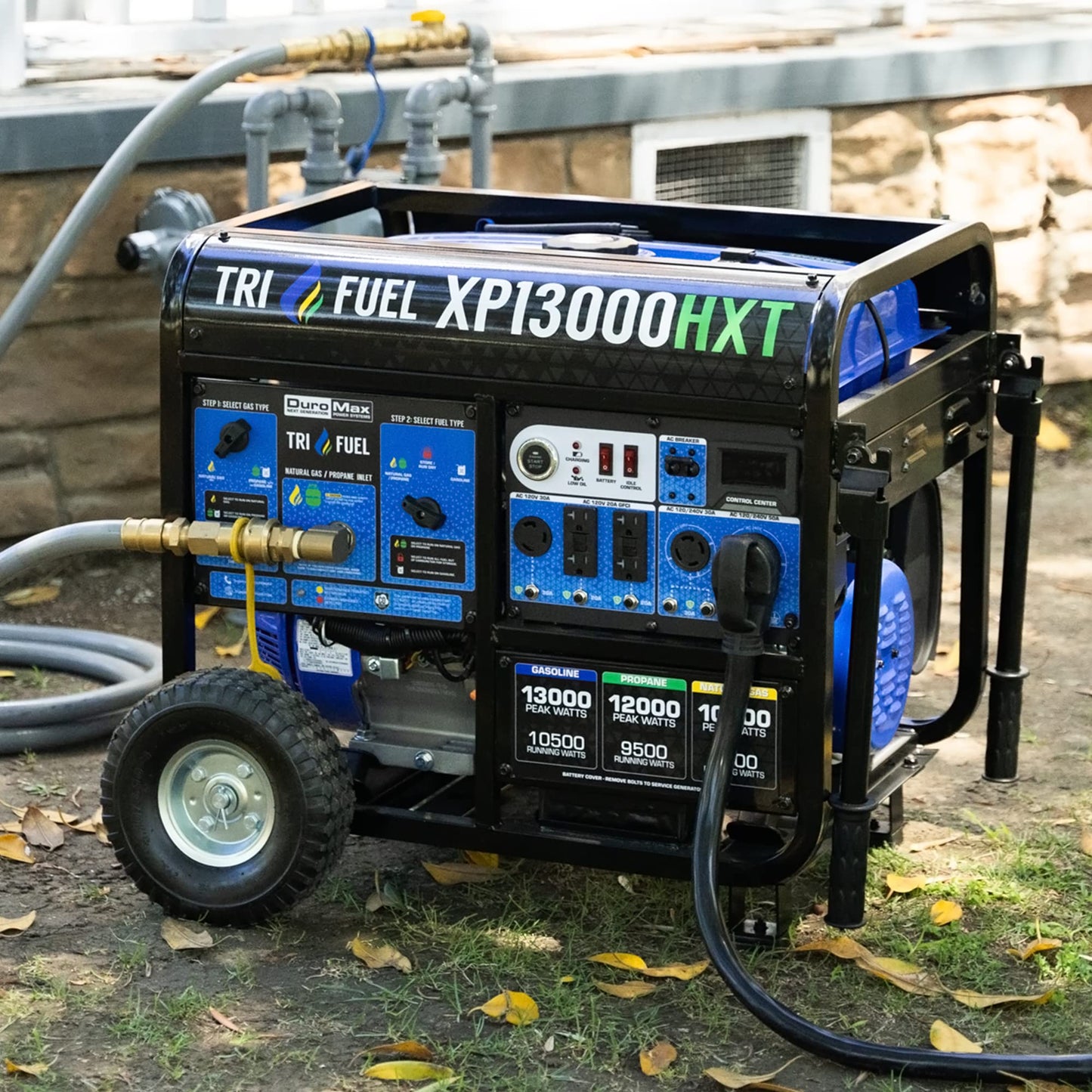 DuroMax XP13000HXT 13,000-Watt 500cc Tri Fuel Gas Propane Natural Gas Portable Generator with CO Alert, Black/Blue