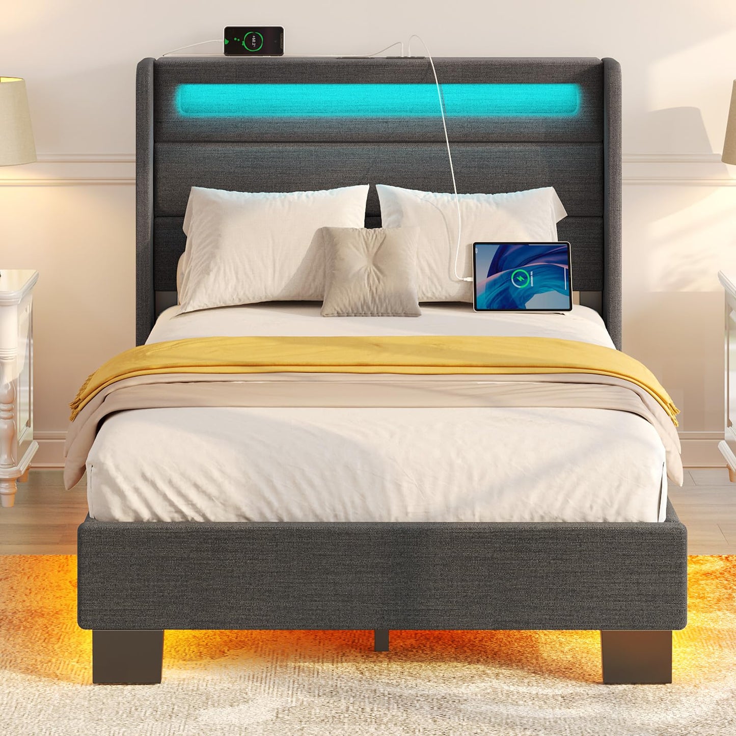 Rolanstar Bed Frame Twin Size with LED Lights and Charging Station, Upholstered Bed with Motion Activated Night Light and Wood Slats, Dark Grey