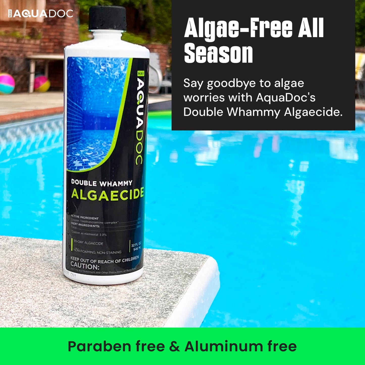 Copper Pool Algaecide for Swimming Pool - 90 Day Algaecide for Inground Pool to Prevent and Remove Pool Algae - Super Algaecide for Pool Opening - AquaDoc 32oz