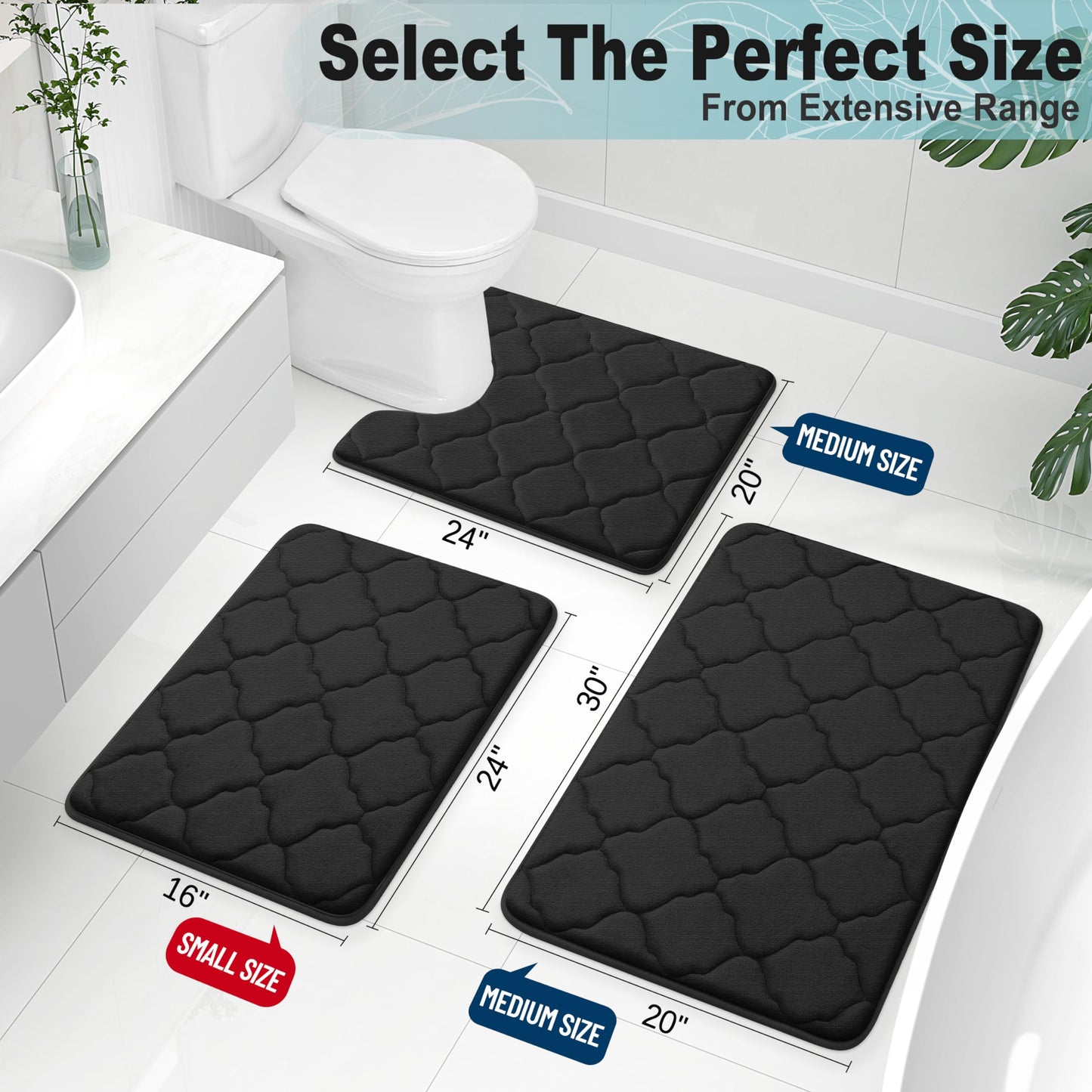 OLANLY Memory Foam Bath Mat Rug 30x20, Ultra Soft Non Slip and Absorbent Bathroom Rug, Machine Wash Dry, Comfortable, Thick Bath Rug Carpet for Bathroom Floor, Tub and Shower, Black