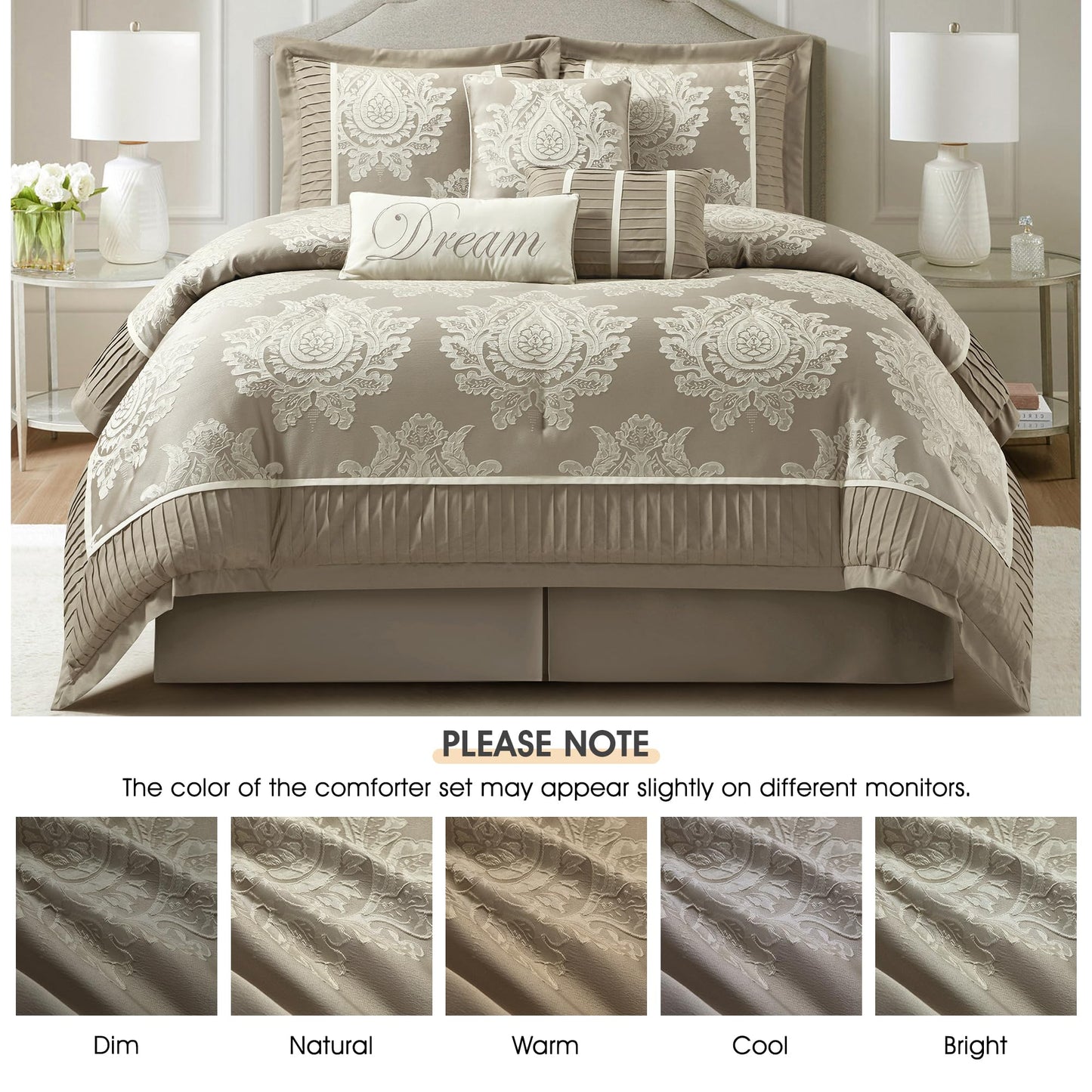 LANCO MODERN LIFESTYLE Beige King Size Comforter Set 7 Pieces, Jacquard Woven with Damask, Bedding Set in a Bag Includes Comforter, Bed Skirt, Pillow Shams, and Decorative Pillows