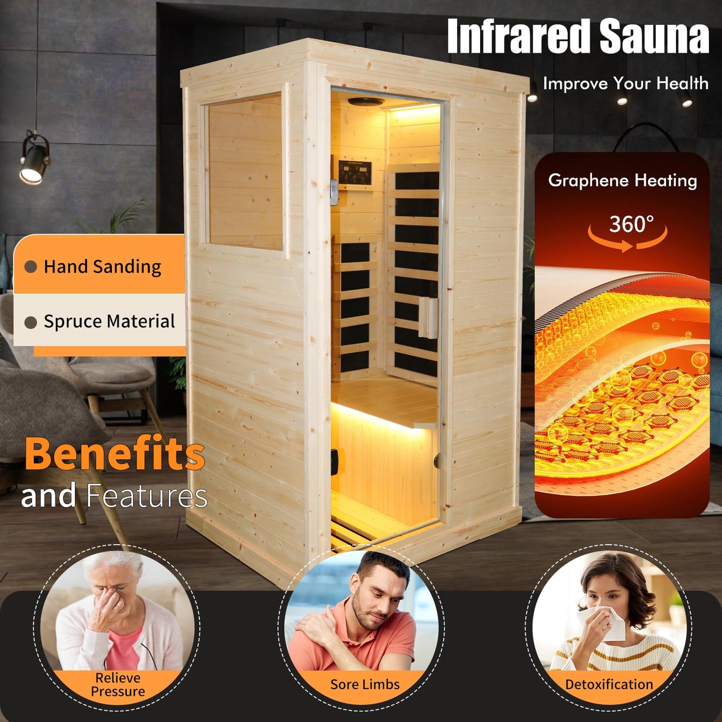 OUTEXER Far Infrared Wooden Sauna Room Home Sauna Spa Low-EMF Dry Saunas Single Person Spa Finland Spruce Wood fit for 7ft Person