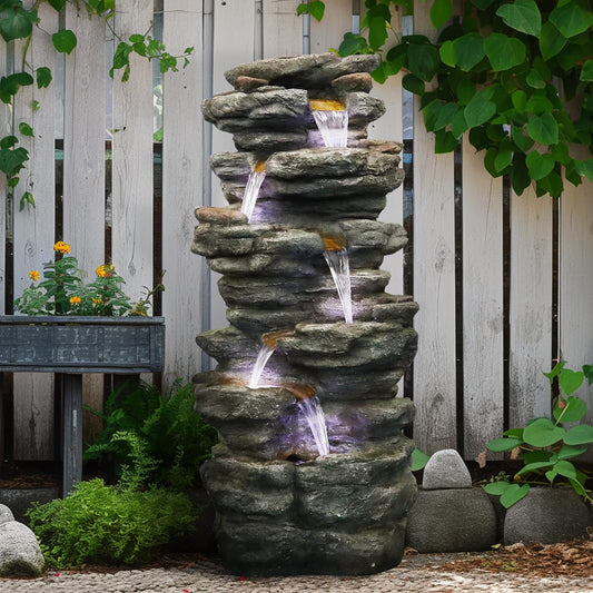 SunJet 40" High 6-Tiers Cascading Rock Outdoor Water Fountain with LED Lights - Large Outdoor Fountains and Waterfalls for Garden or Patio, Yard, and Deck Decor, Featuring Natural Stone Look