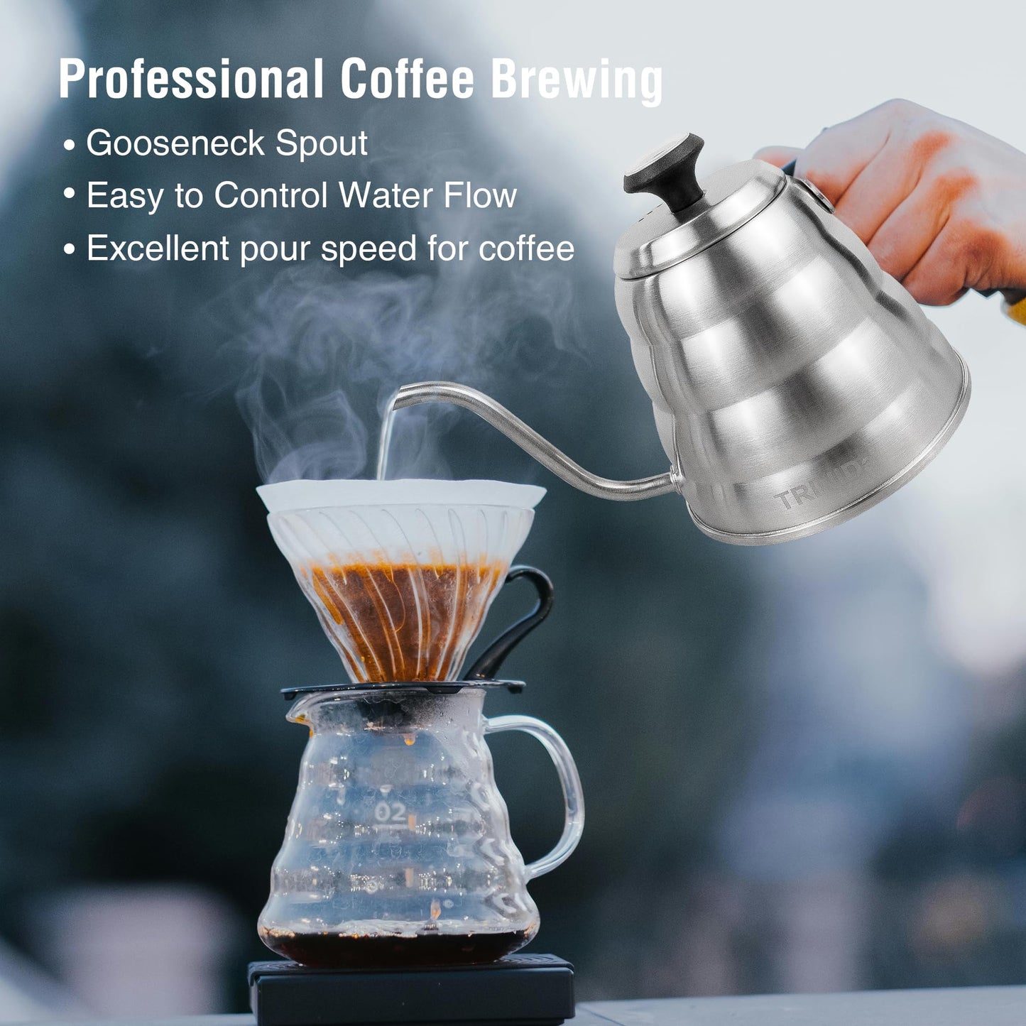TRINIDa Gooseneck Kettle for Pour Over Coffee and Tea, 26 fl oz with Thermometer for Exact Temperature, Precision Pour Drip Spout, Stainless Steel, Compatible with all Stove Tops