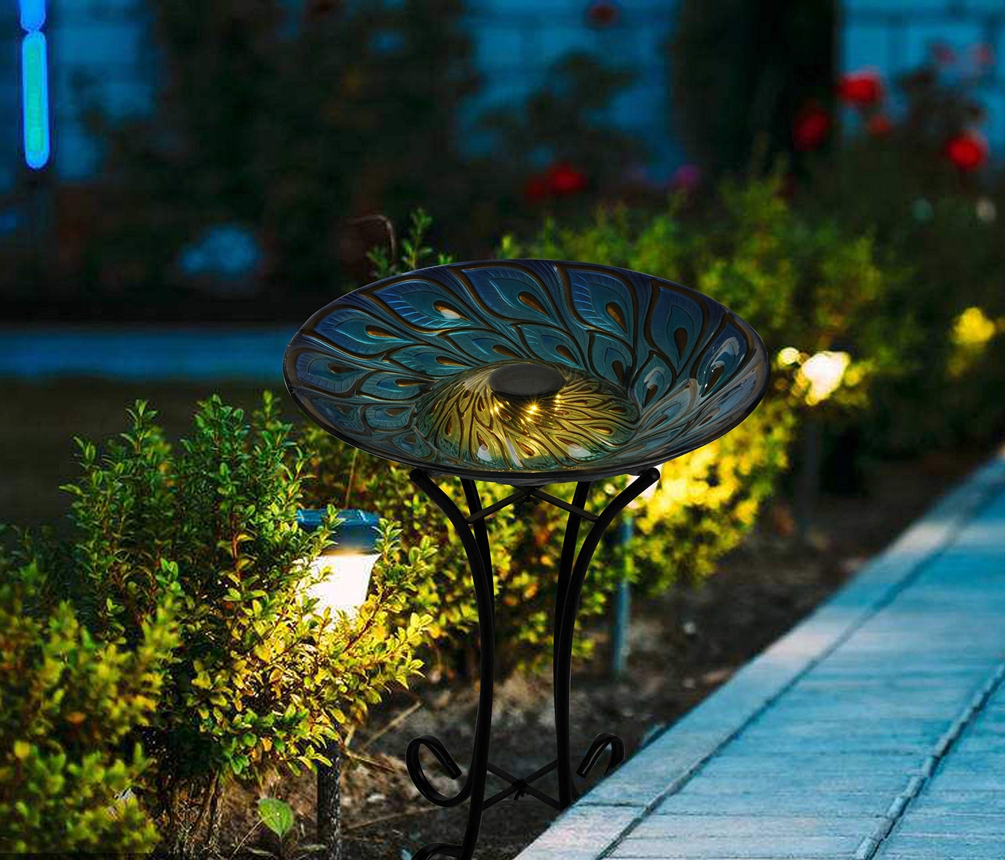 Hi-Line Gift 78415-E Solar Glass Peacock Feathers Bird Bath with Stand,Blue/Gold