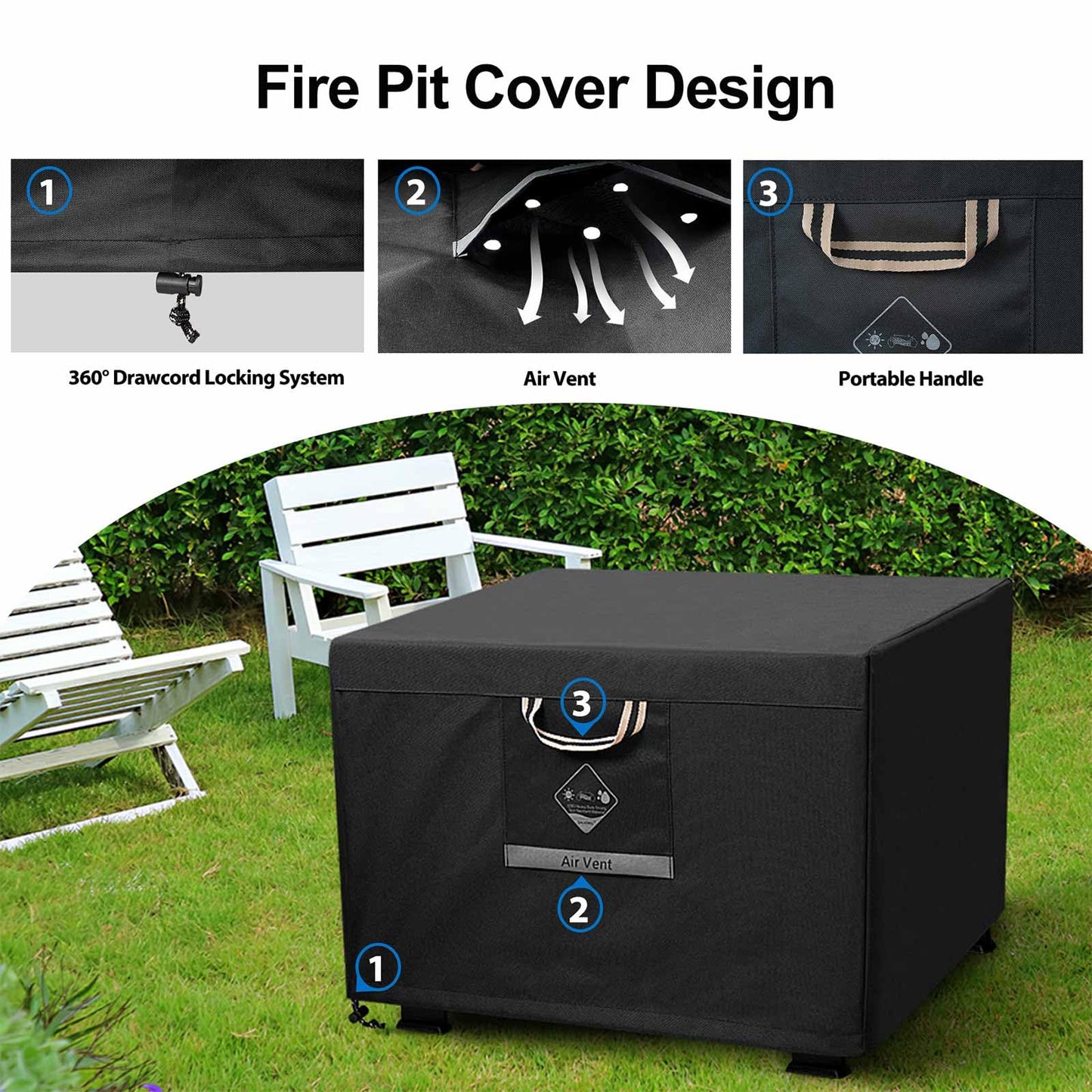 QH.HOME Fire Pit Cover Square Heavy Duty Fabric 100% Waterproof, Fits Outdoor for 29”,30 inch,31 inch,32 inch Fire Pit/Table Cover,Gas Fire Pit Cover (32”L x 32”W x 24”H,Black)