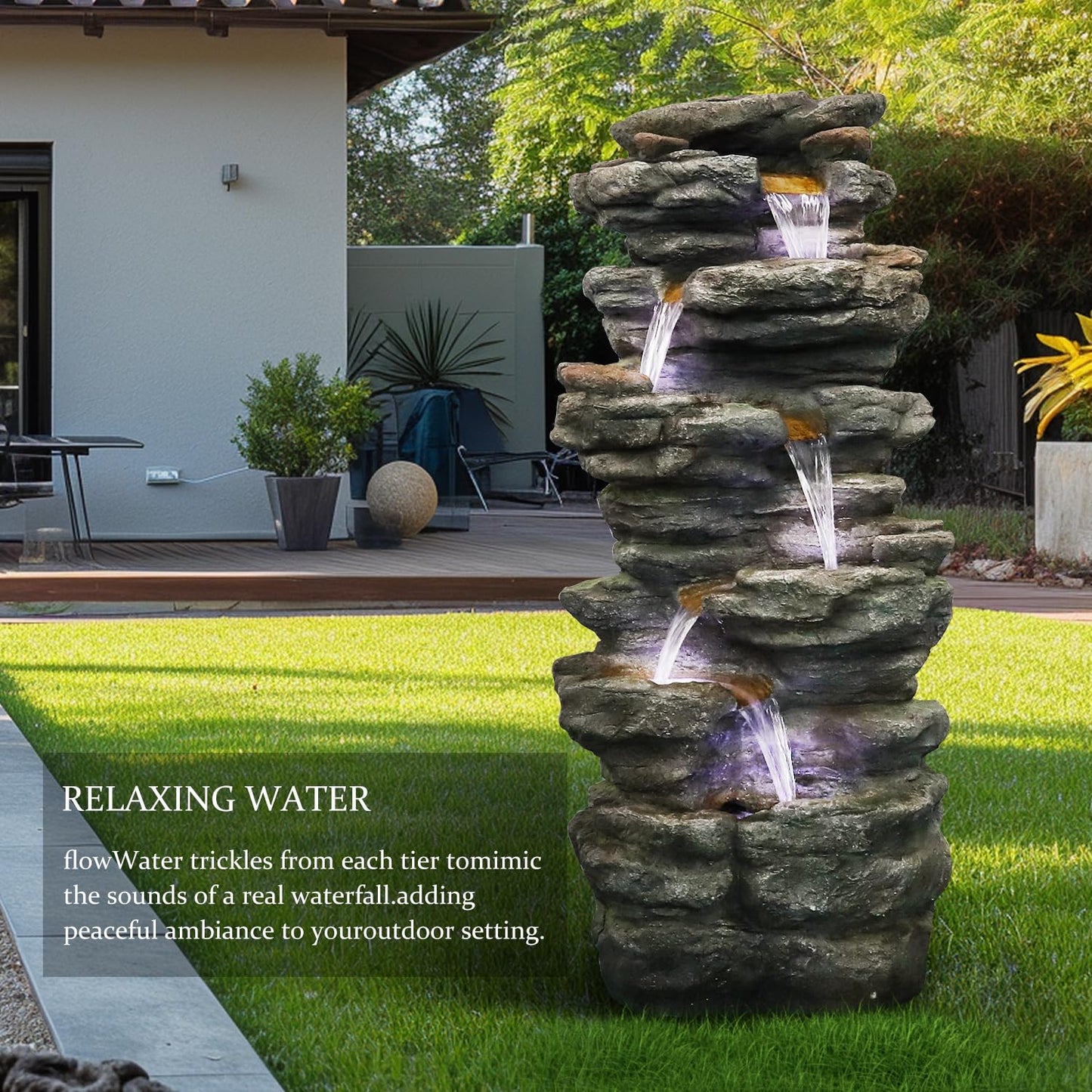 SunJet 40" High 6-Tiers Cascading Rock Outdoor Water Fountain with LED Lights - Large Outdoor Fountains and Waterfalls for Garden or Patio, Yard, and Deck Decor, Featuring Natural Stone Look