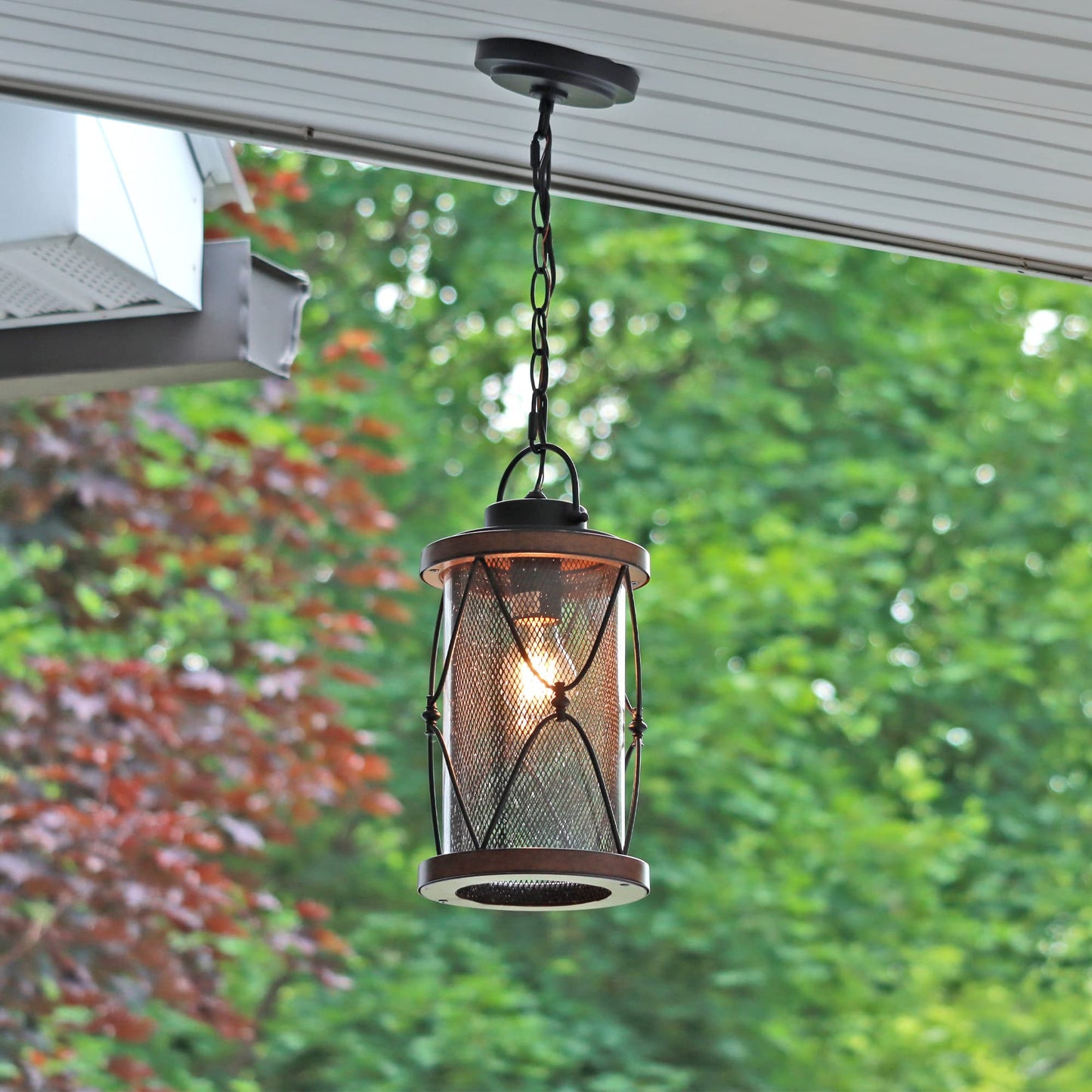 Inlight Outdoor Pendant Light for Porch, 1-Light Farmhouse Rustic Exterior Hanging Lantern, Matte Black and Barnwood Finish, Bulb Not Included, IN-0625-1-BK