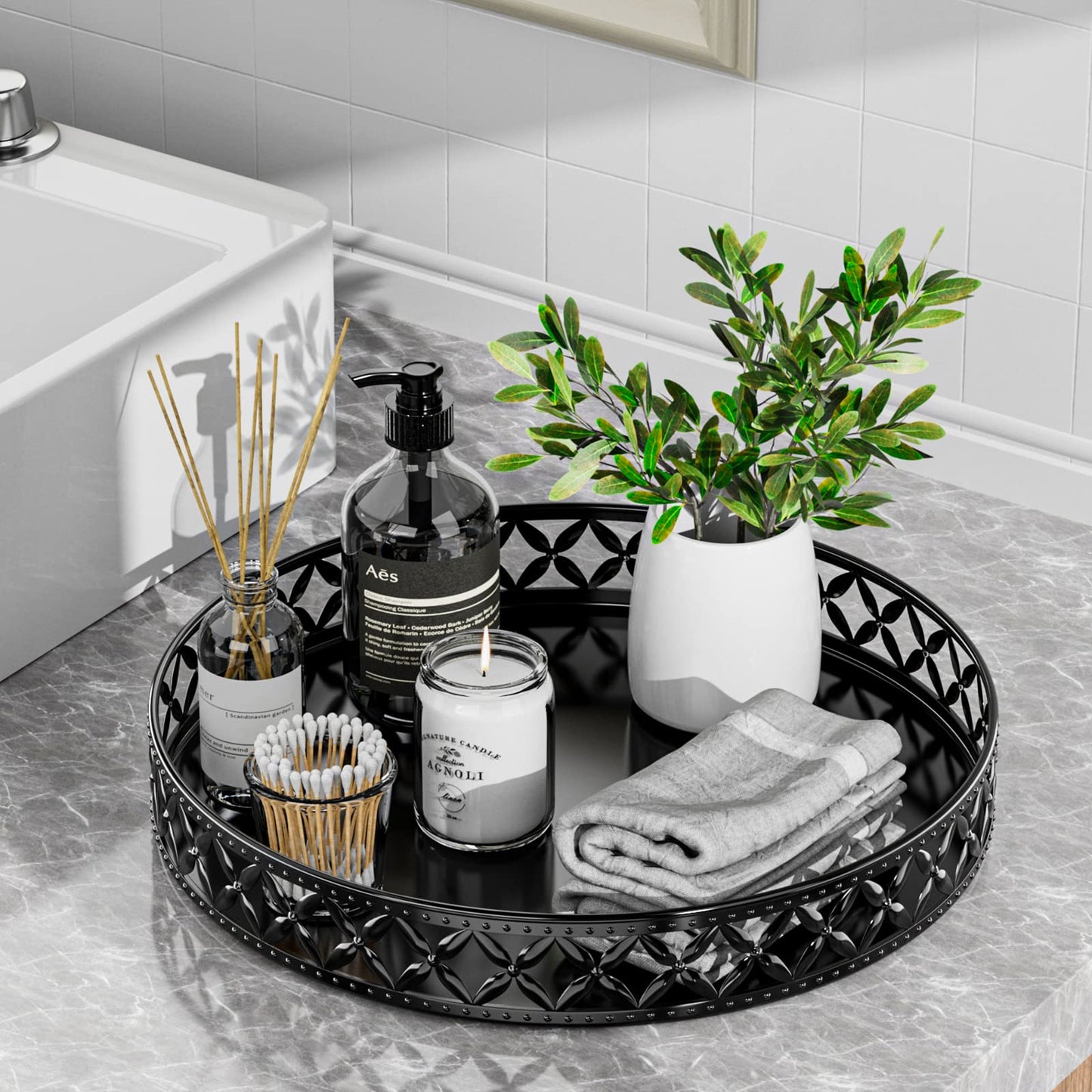 Vanity Tray for Bathroom Counter - 11 Inch Black Decorative Tray Bathroom Counter Tray Organizer for Perfume Cosmetics Jewelry Makeup