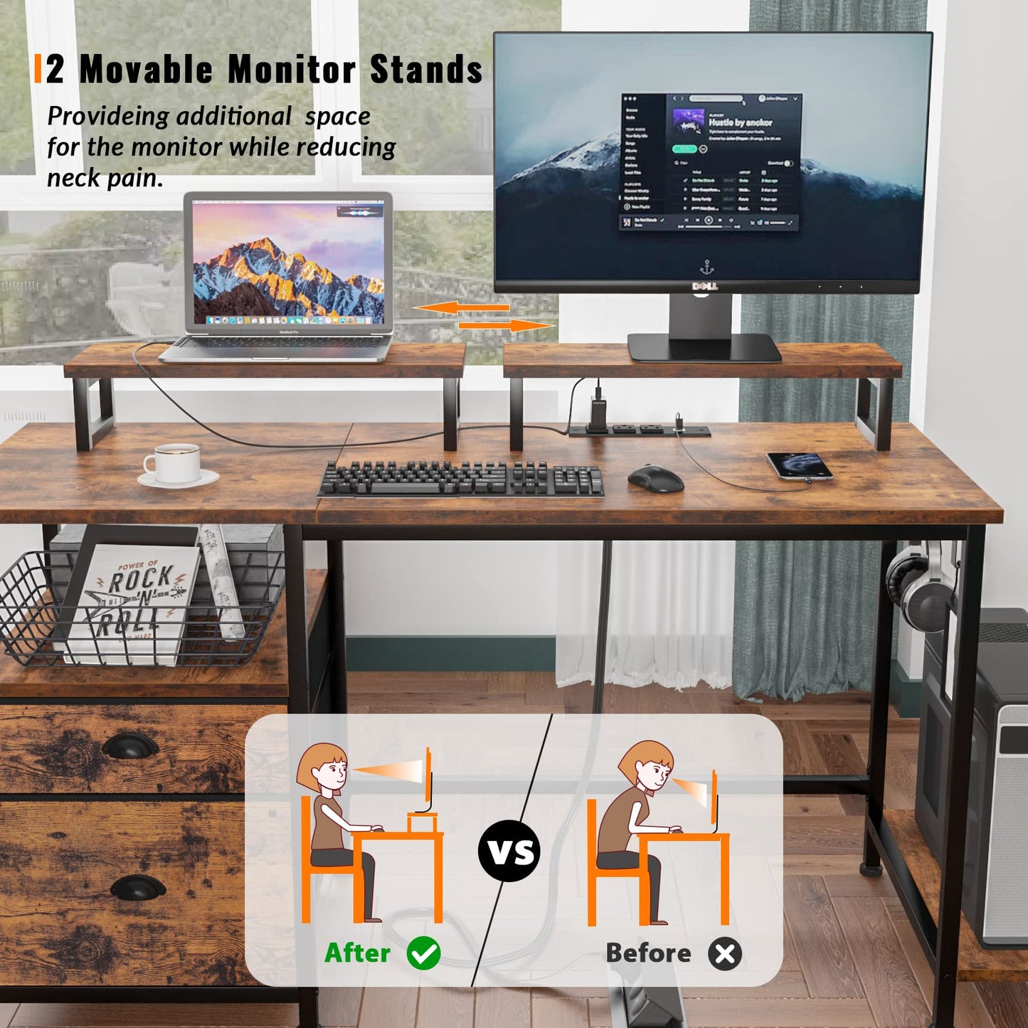 Furologee Computer Desk with Drawer and Power Outlets, 47" Office Desk with 2 Monitor Stands and Fabric File Cabinet, Writing Gaming Table with Shelves and 2 Hooks for Home Office, Rustic Brown
