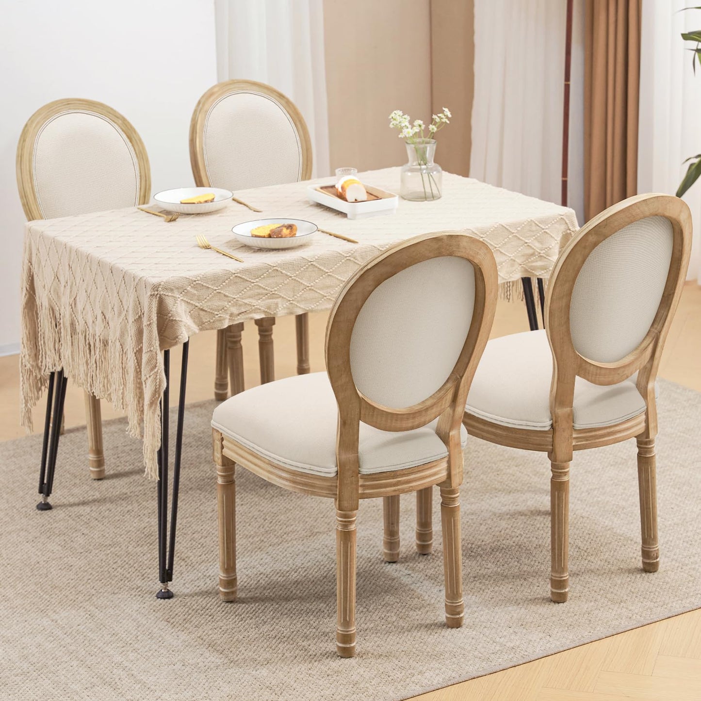 Furniliving French Country Dining Chairs Set of 4, Upholstered Dining Room Chairs with Round Back Farmhouse Kitchen Chairs for Living Room, Kitchen, Restaurant (Beige-Round)