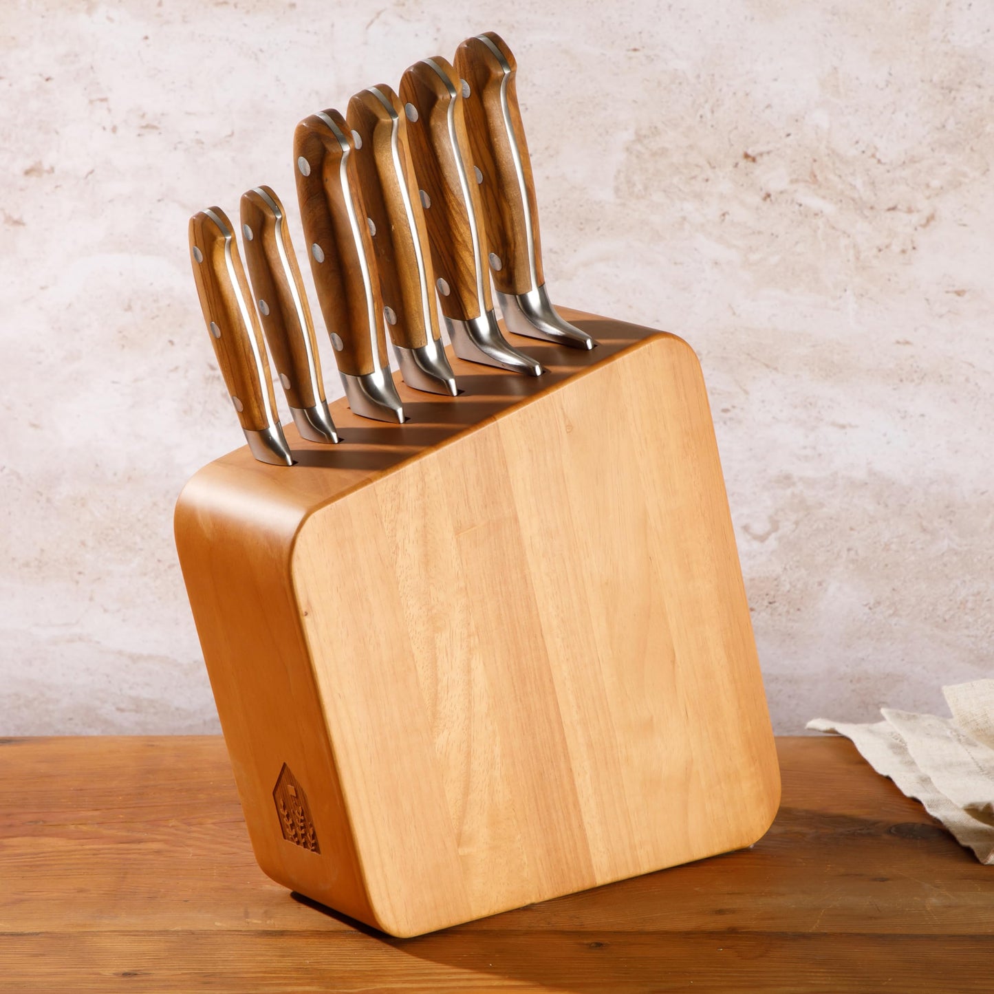 Bloomhouse 7 Piece Italian Olive Wood Knife Block Set w/German Forged Steel Knives