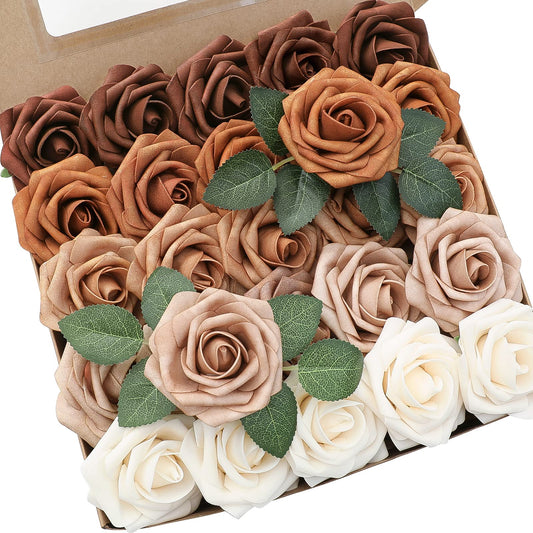 Floroom Artificial Flowers 25pcs Real Looking Earth Tones Ombre Colors Foam Fake Roses with Stems for DIY Wedding Bouquets Bridal Shower Floral Centerpieces Party Tables Home Decorations