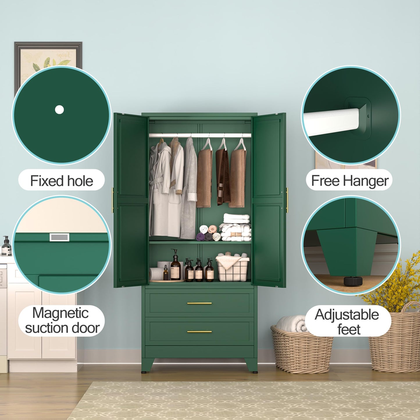 erosoei Metal Armoire Wardrobe Closet, 71 "Metal Clothing Storage Cabinet with Adjustable Shelves and Hanging Rod, Household Steel Wardrobe Storage Cabinet with Drawers (armoire-Green)