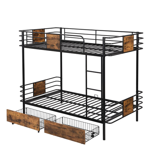 LUKEEHOM Metal Bunk Bed Twin XL Over Twin XL Twin Bunk Beds Twin Size Bed with 2 Storage Drawers and MDF Board Guardrail, No Box Spring Needed, Black