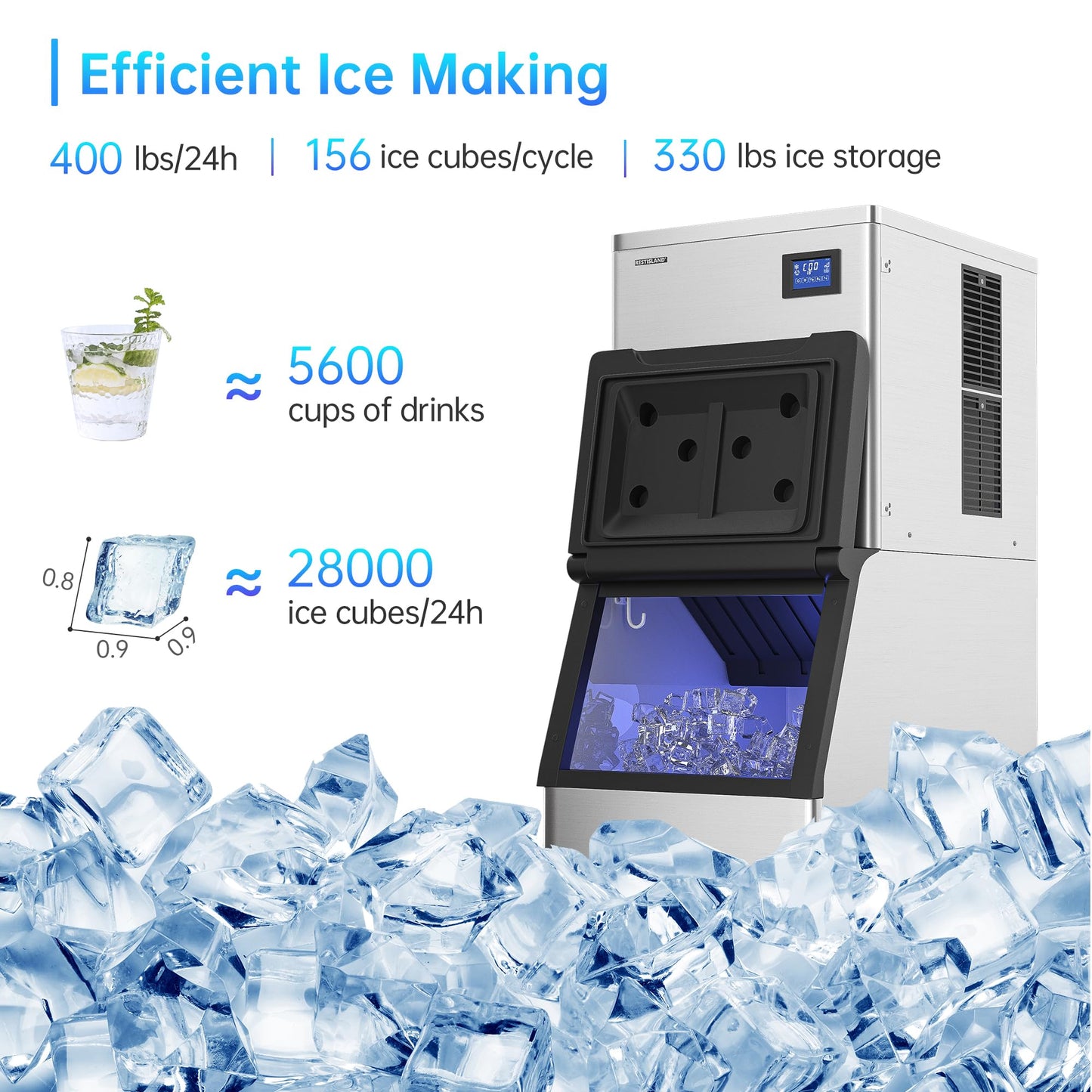 RESTISLAND Commercial Ice Maker Machine, 400 lbs /24 h, 330 lbs Storage Bin, Stainless Steel, Automatic Cleaning, Blue Ray, Perfect for Bar or Business, Includes Ice Shovel, Connection Hose