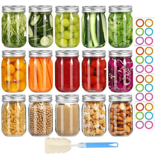 Mcupper Mason Jars 16 oz with Lids and Bands, 15 Pack Regular Mouth Canning Jars, Clear Glass Jars for Canning, Food Storage and Fermenting, Labels & Brusher Included - Microwave & Dishwasher Safe