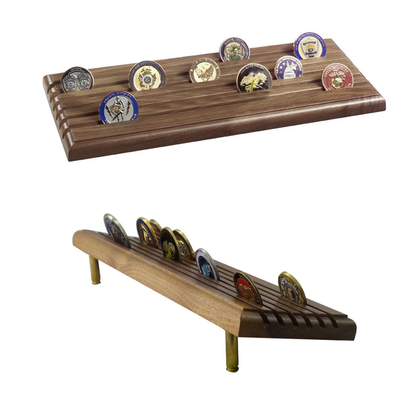 Coin Display Rack Made in USA Military 6-Row Tiered with Gun Shells - Natural Walnut