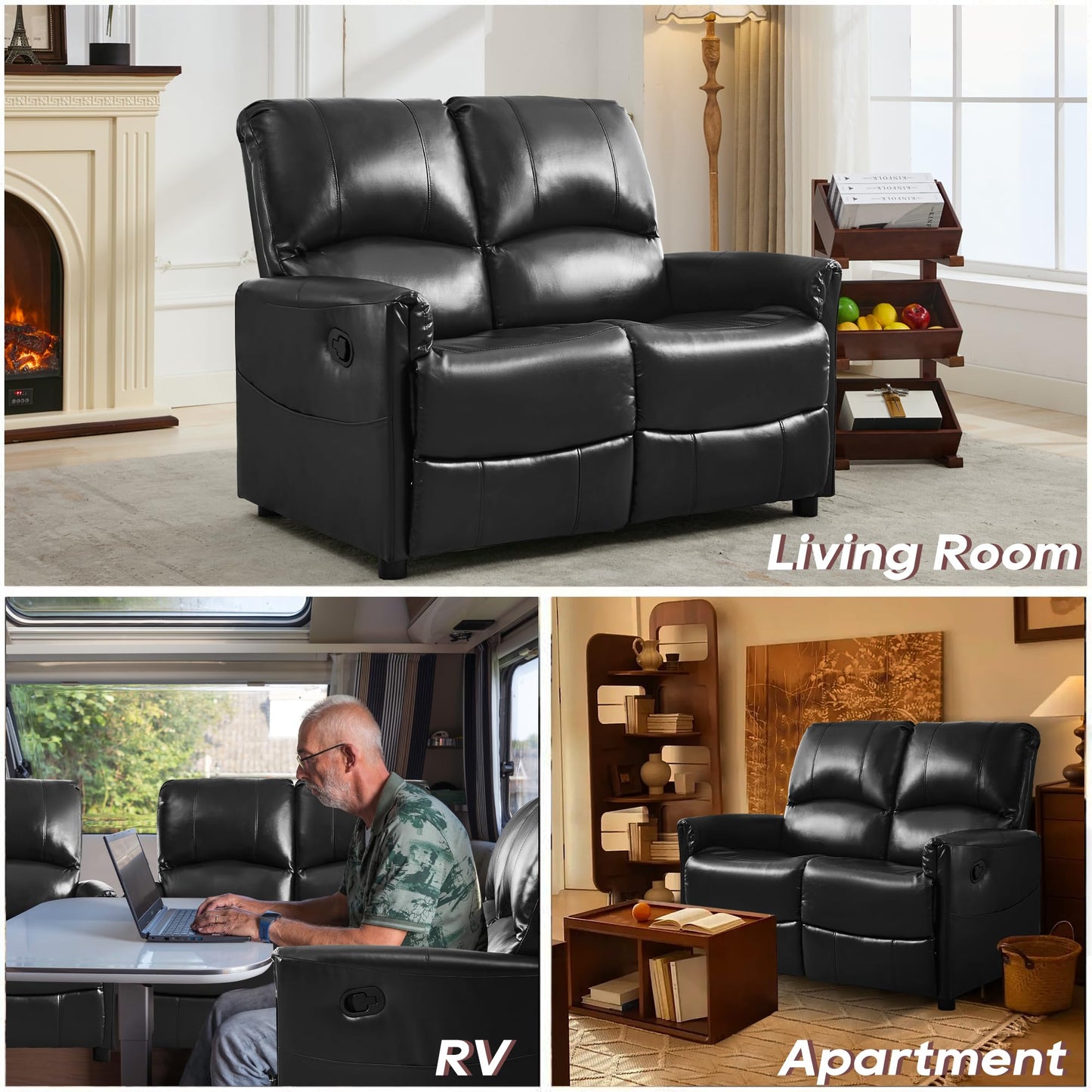 TUNYI 48.2" Loveseat Recliner RV Sofa - Double Manual Recliner Loveseat Glossy Leather Reclining Loveseat RV Furniture with 1" Leg and Side Pocket for Living Room/Apartment/RV (Black)