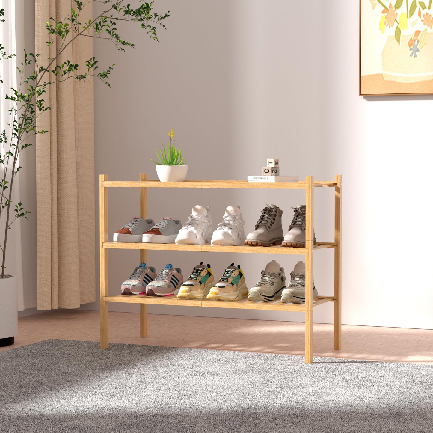 ROMGUAR CRAFT 3 Tier Bamboo Shoe Rack for Closet Free Standing Wood Shoe Shelf Storage Organizer for Entryway Small Space Stackable 27"x11"x20" (Natural)