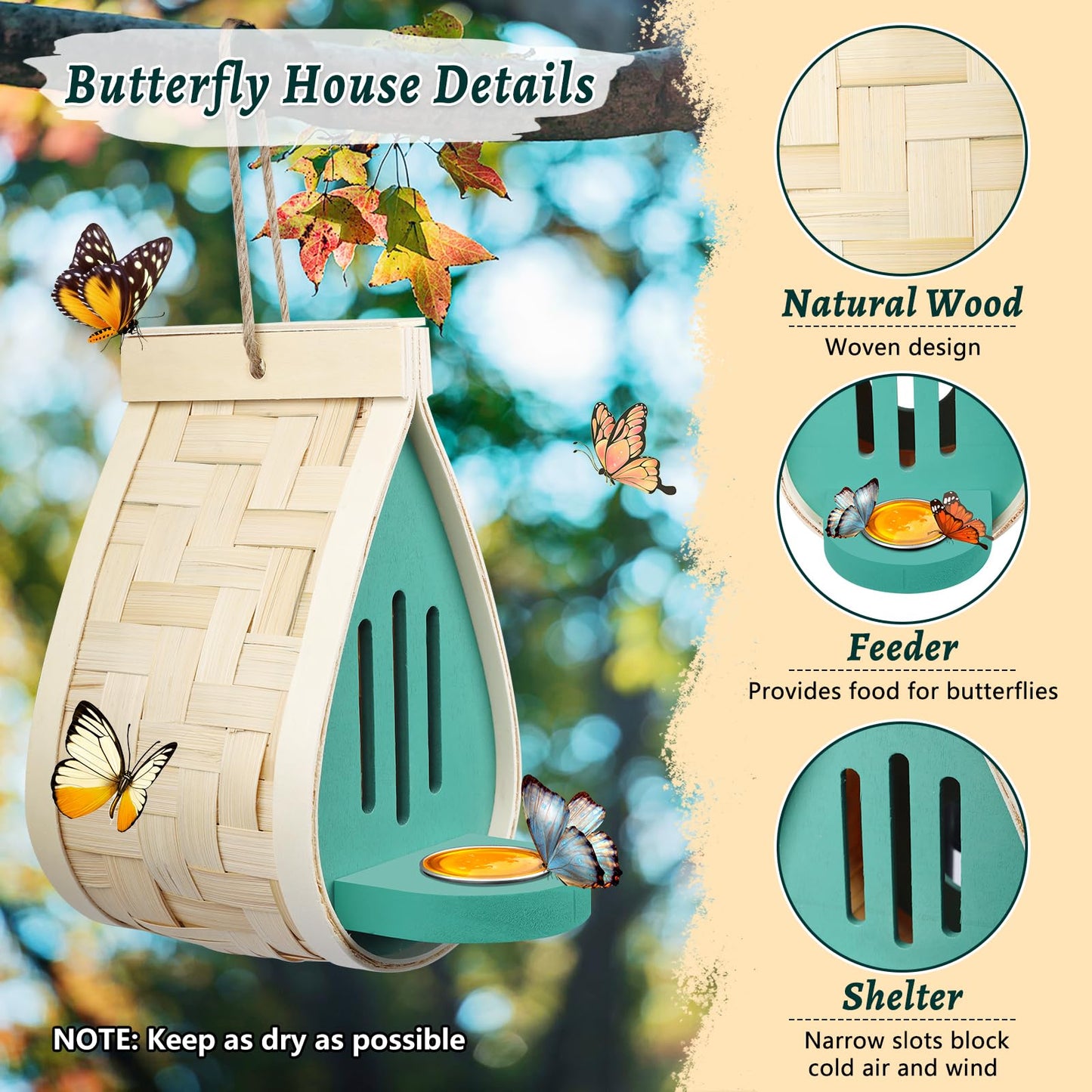 2 Pcs Butterfly House and Feeder, Wooden Hanging Butterfly House for Garden, Natural Butterfly Habitat with Butterfly Puddler for Bugs, Butterflies, Moths, Lacewings