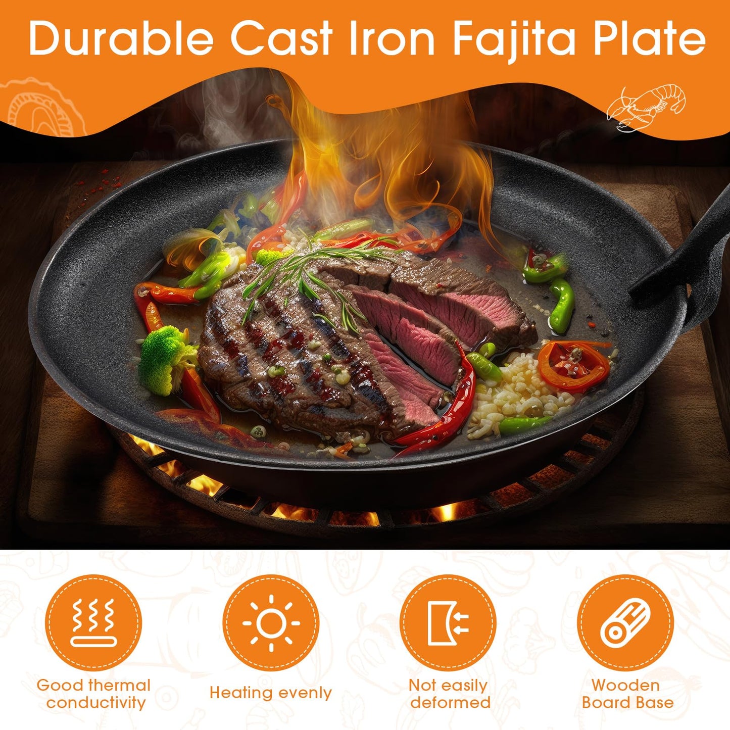 FoldTier Cast Iron Skillet Set 10.63'' x 6.89'' Fajita Plate Sizzling Pan with Wooden Base Anti Scald Protection Removable Handle for Restaurant Kitchen Cooking Accessory BBQ Party(2 Sets)