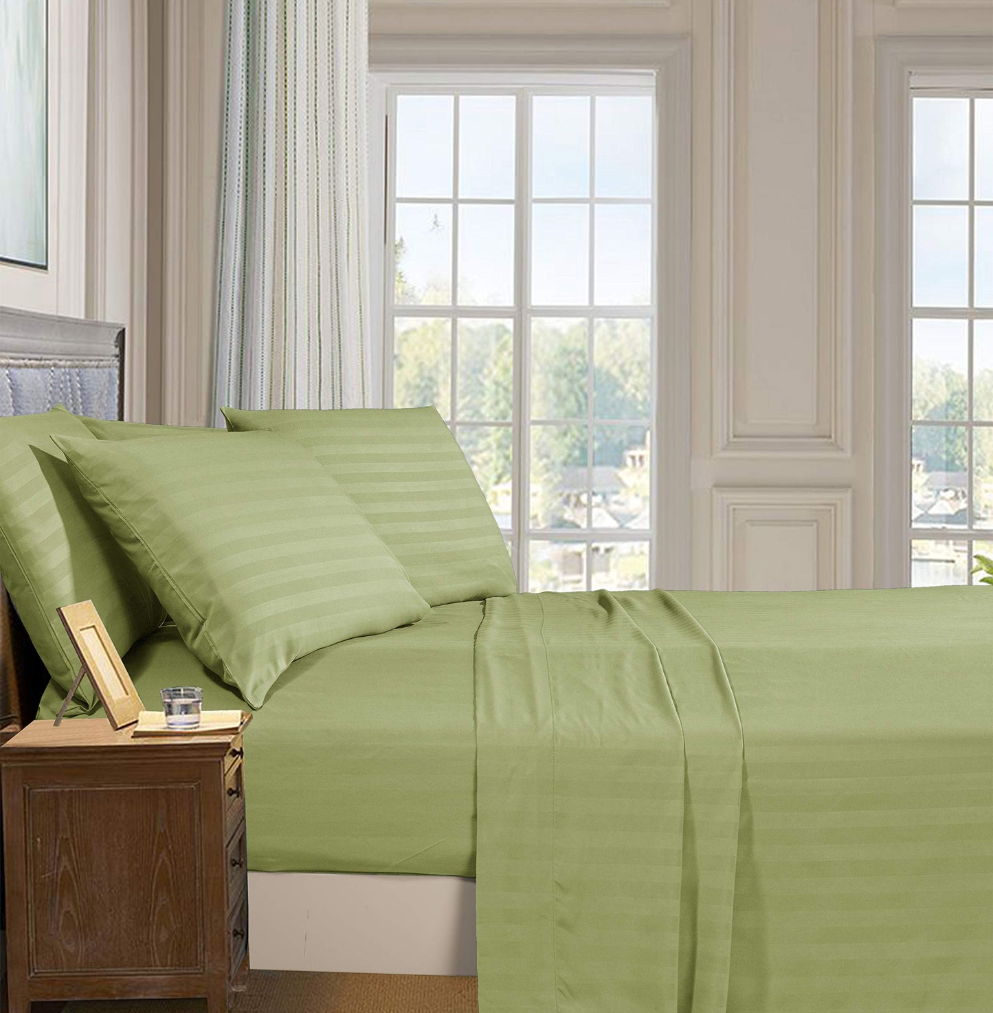 Elegant Comfort Best, Softest, Coziest 6-Piece Sheet Sets! - 1500 Premier Hotel Quality Luxurious Wrinkle Resistant 6-Piece Damask Stripe Bed Sheet Set, California King Sage/Green