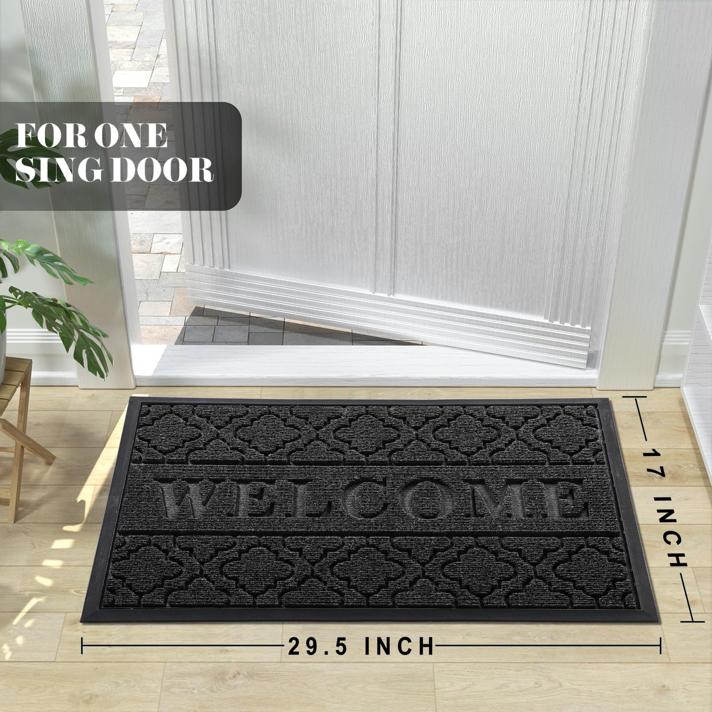 Yimobra Welcome Mat Outdoor Indoor, 29.5x17 All-Season Waterproof Front Door Mat, All-Weather Heavy Duty Doormat, Low Profile Porch Patio Entrance Mat, Non Slip Outside Mat, Black