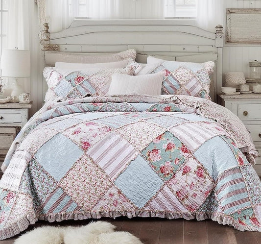 DaDa Bedding Cottage Floral Patchwork Bedspread Set - Hint of Mint Dainty Quilted Cotton Blooming Garden Botanical - Multi Colorful Ruffle Pastel Light Pink Blue/Green - Full - 3-Pieces