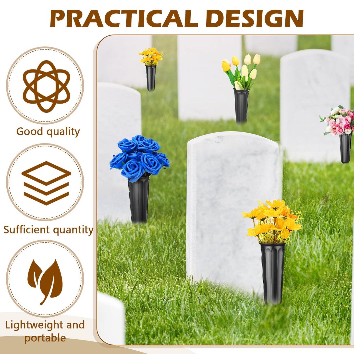 12 Pcs Cemetery Vases with Spikes Plastic Memorial Floral Vases Grave Flower Holder Cone In Ground Vases with Stakes for Lawn Headstone Graveside Decoration Artificial Fresh Flowers (Black)
