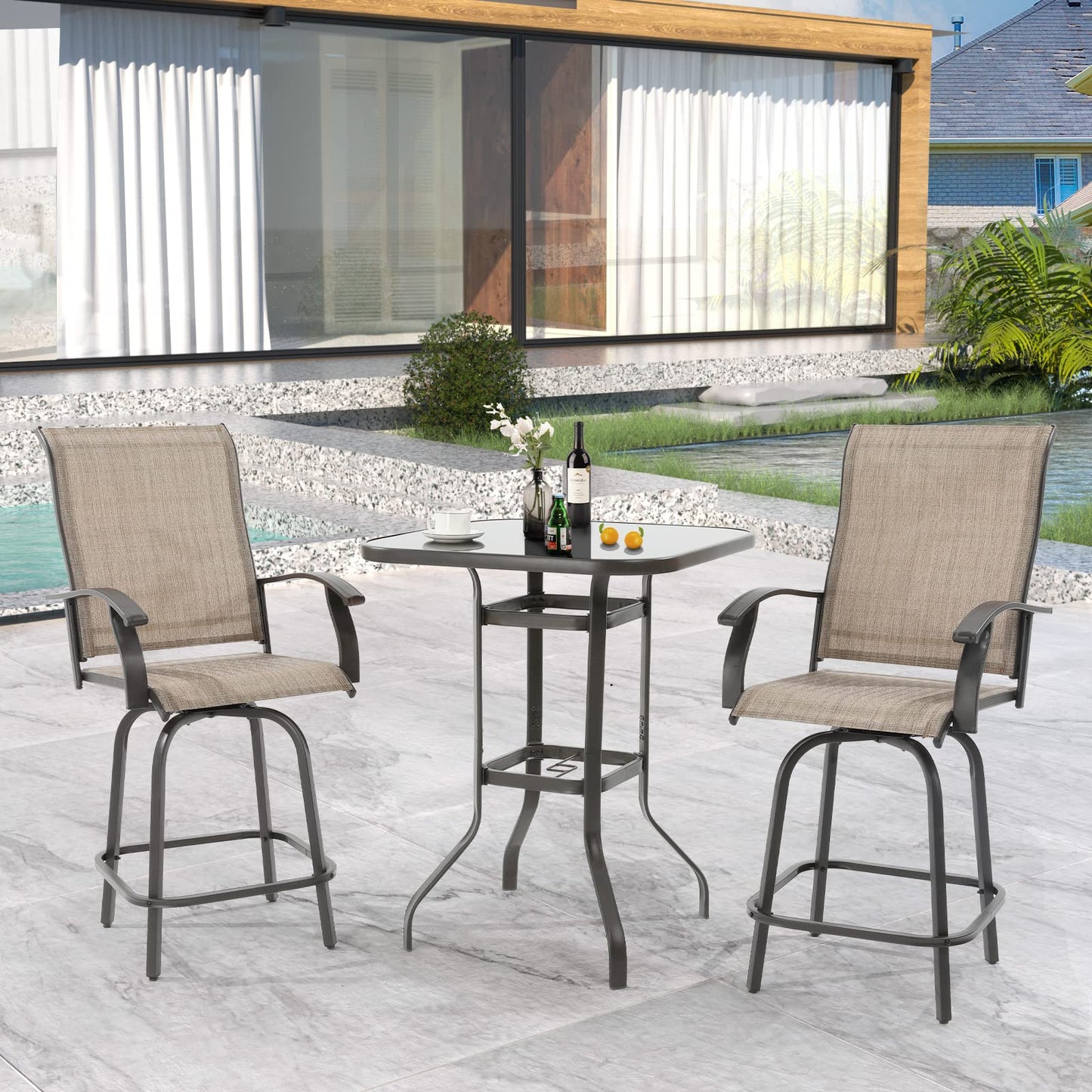 UDPATIO Patio Swivel Bar Stools Chair of 2, Outdoor Bar Height Set, All Weather High Back and Armrest Patio Stools & Bar Chairs for Backyard, Lawn Garden, Balcony and Pool, Brown