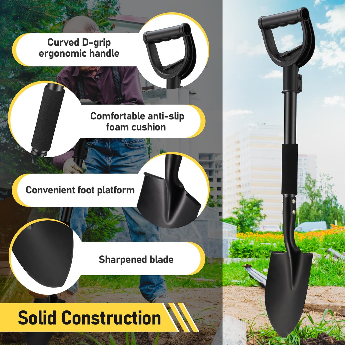 Shovel, Garden Shovel for Digging, 31 inch Small Spade Shovel with Curved D-Handle, Heavy Duty Portable Mini Shovels for Gardening, Digging, Camping, Car Shovel, Kids Sand Beach Shovel