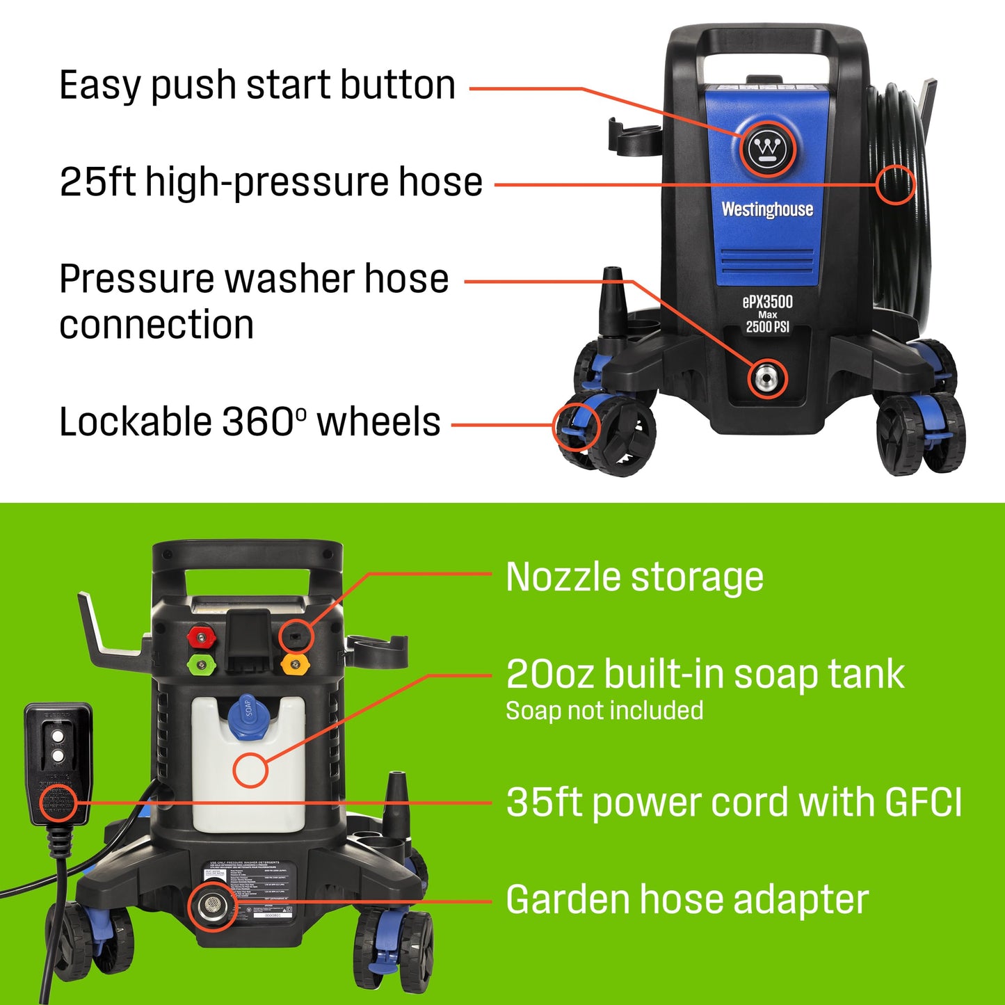 Westinghouse ePX3500 Electric Pressure Washer, 2500 Max PSI 1.76 Max GPM with Anti-Tipping Technology, Onboard Soap Tank, Pro-Style Steel Wand, 5-Nozzle Set, for Cars/Fences/Driveways/Home/Patios