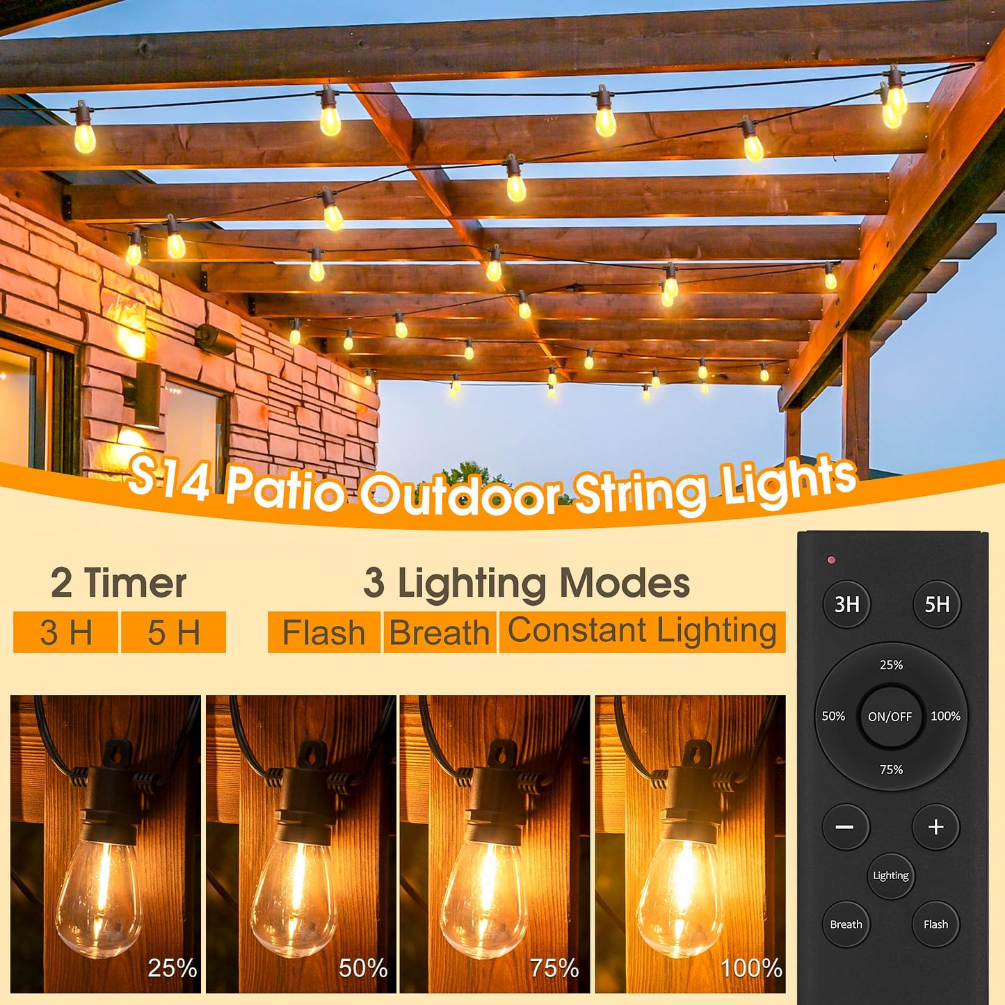 Outdoor String Lights with Remote - Dimmable 100FT IP65 Waterproof Patio Lights with Edison Bulbs Hanging Lights Outside for Backyard Garden Porch Deck Balcony