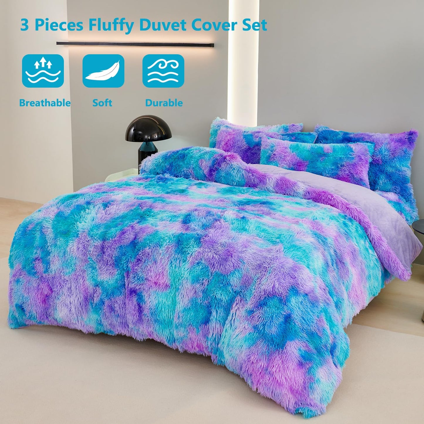 SUCSES Blue Purple Fluffy Twin Bedding Sets for Girls 3Pcs Faux Fur Plush Shaggy Kids Duvet Cover Set Twin Size Tie Dye Velvet Furry Comforter Cover Set (Blue Purple, Twin)