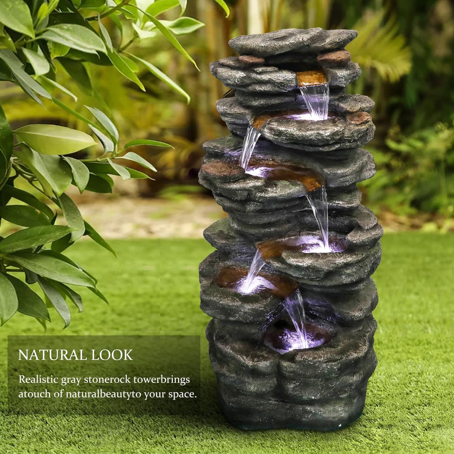 SunJet 40" High 6-Tiers Cascading Rock Outdoor Water Fountain with LED Lights - Large Outdoor Fountains and Waterfalls for Garden or Patio, Yard, and Deck Decor, Featuring Natural Stone Look