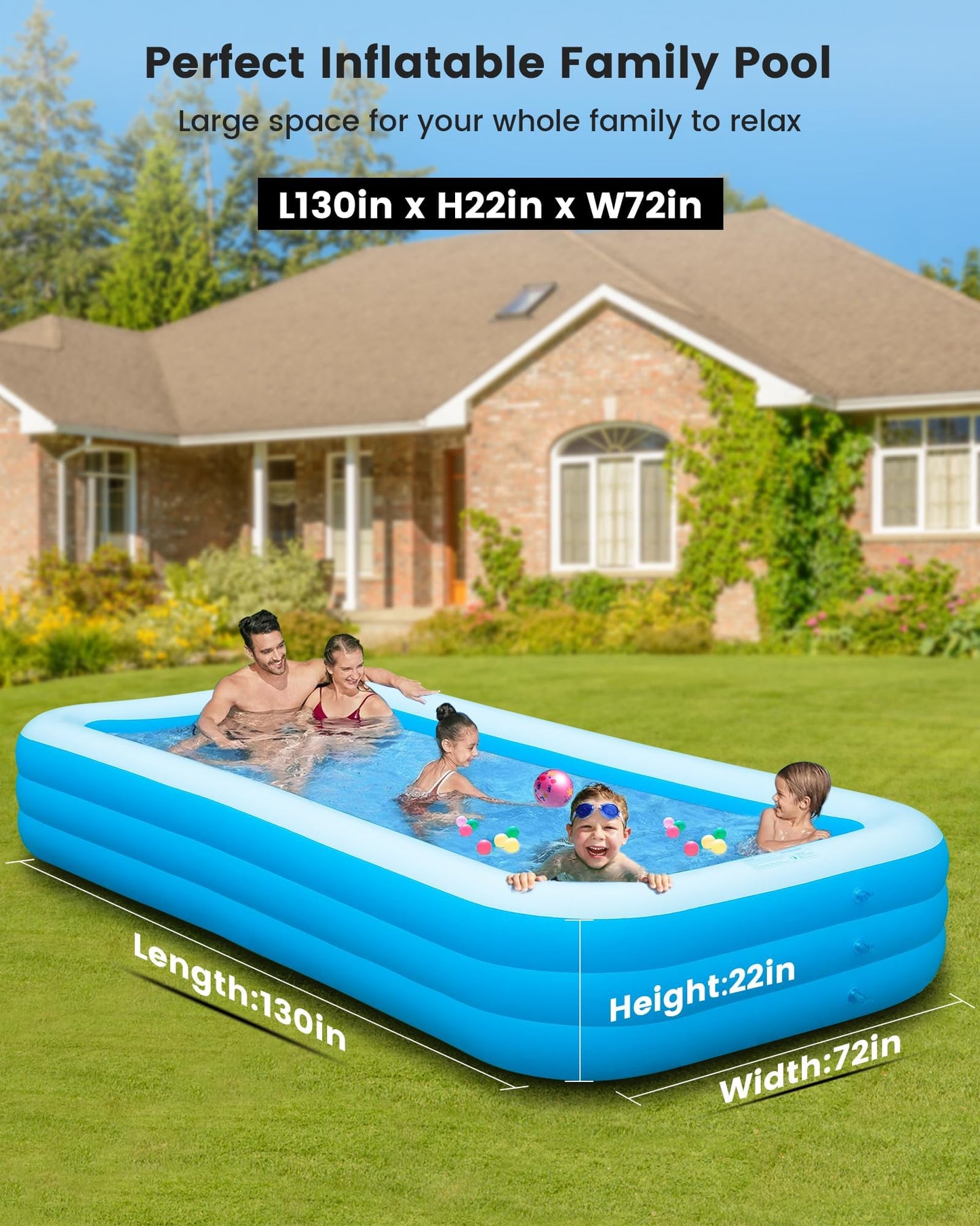 Inflatable Pool with Pump, 130" x 72" x 22" Full-Sized Blow Up Pool for Adults, Enduring Thickened Swimming Pools for Family, Backyard, Garden, Summer Water Party