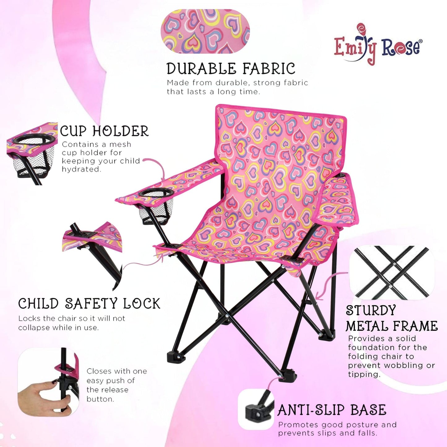 Emily Rose Kids Folding Chair | Beach Chair with Safety Lock- Camping Chair for Boyos Girls Toddler with Cup Holder & Carry Case- Tailgate, Travel, Lawn- for Indoor & Outdoor (Playful Hearts)