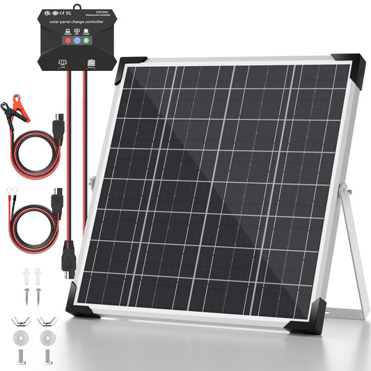 Voltset Solar Panel Kit 20W 12V, Solar Battery Trickle Charger Maintainer, Waterproof Solar Panel + Upgrade Charge Controller + Adjustable Mount Bracket for Boat RV Motorcycle Marine